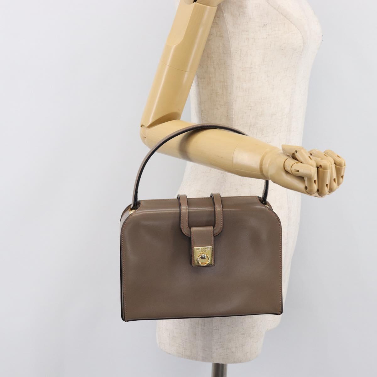 CELINE Hand Bag Leather Beige Gold Auth 204424