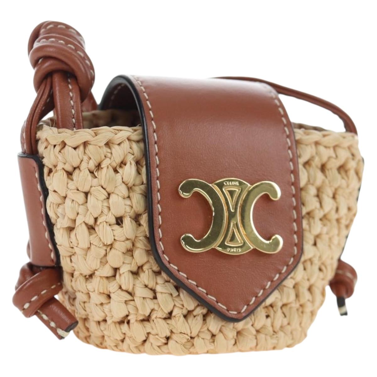 CELINE Mini Shoulder Pouch Raffia 2way Beige Gold Auth 204431M