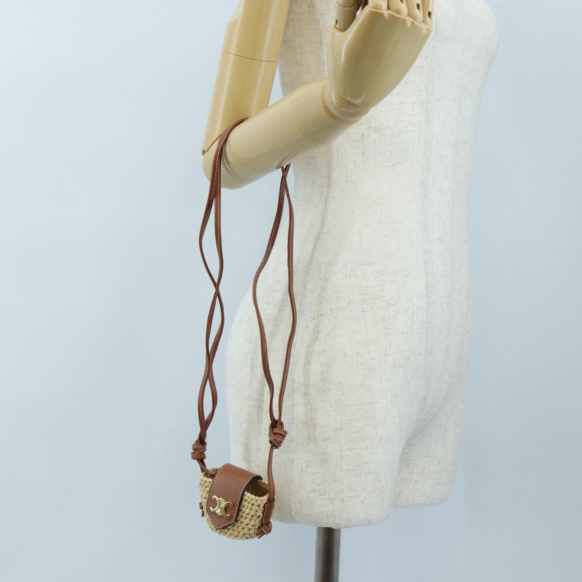 CELINE Mini Shoulder Pouch Raffia 2way Beige Gold Auth 204431M