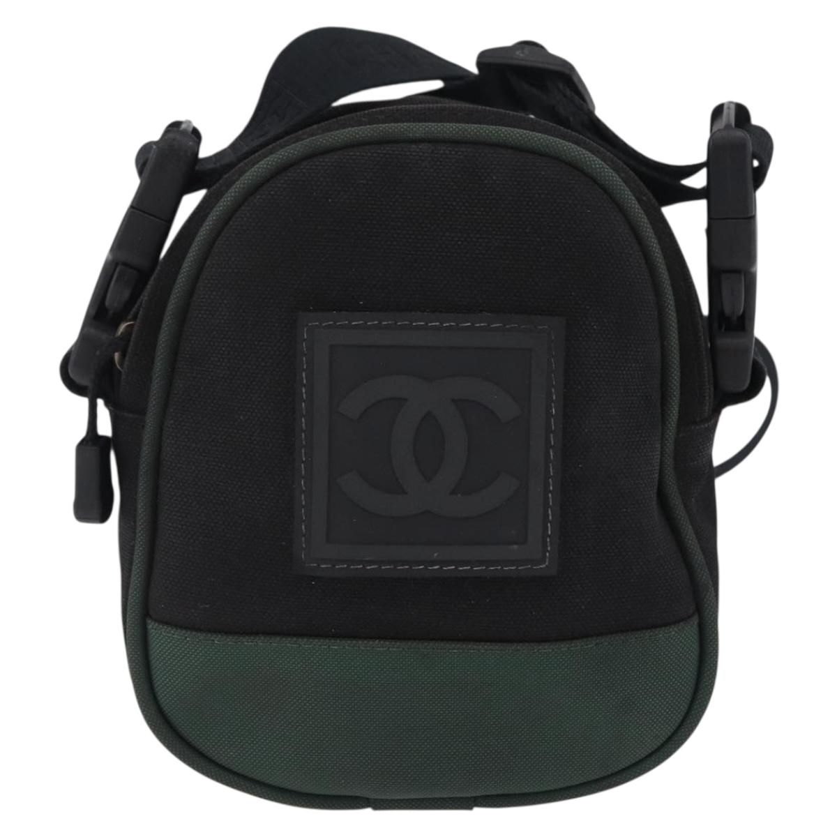 CHANEL Sports Line Shoulder Bag Canvas Khaki Silver CC Auth 204439