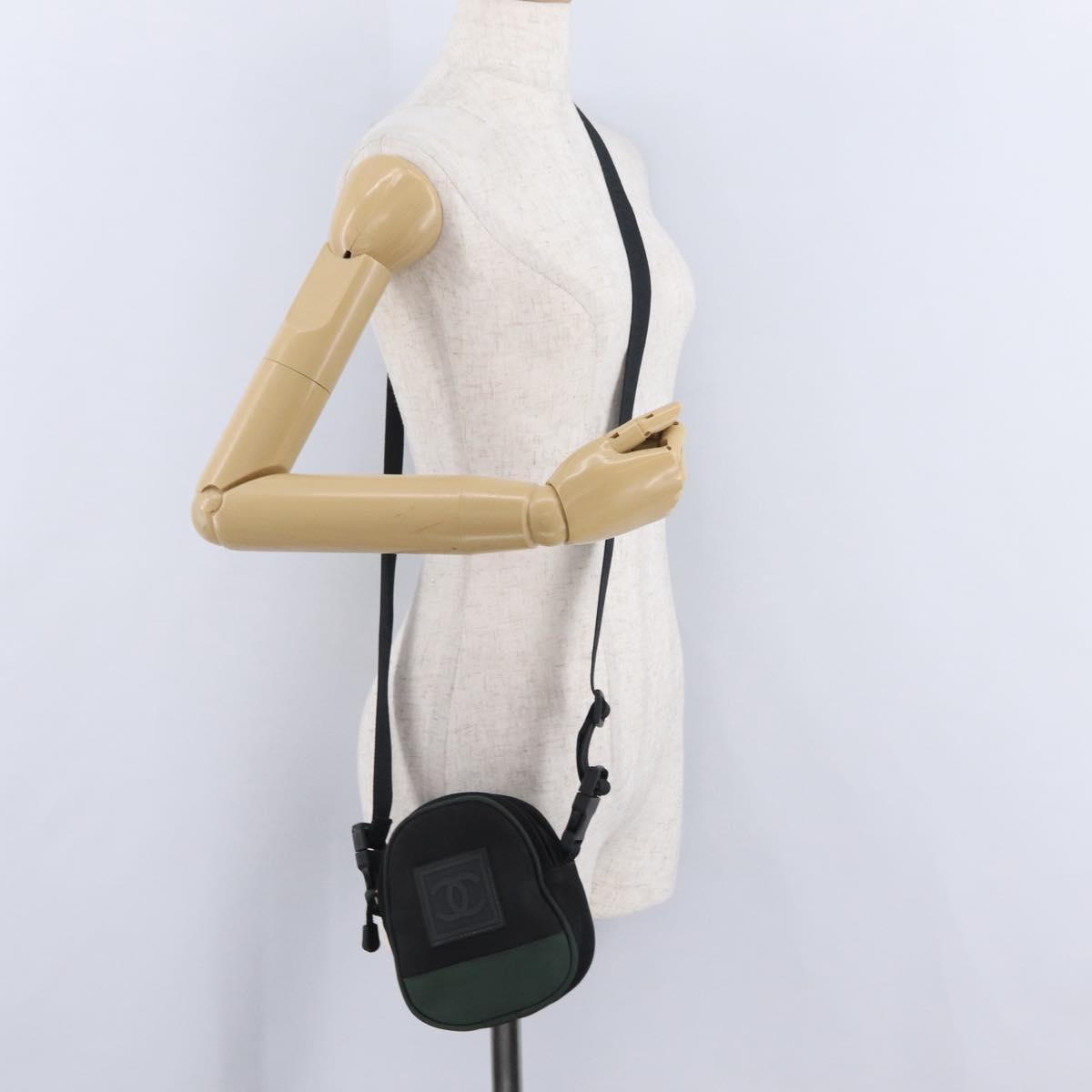 CHANEL Sports Line Shoulder Bag Canvas Khaki Silver CC Auth 204439