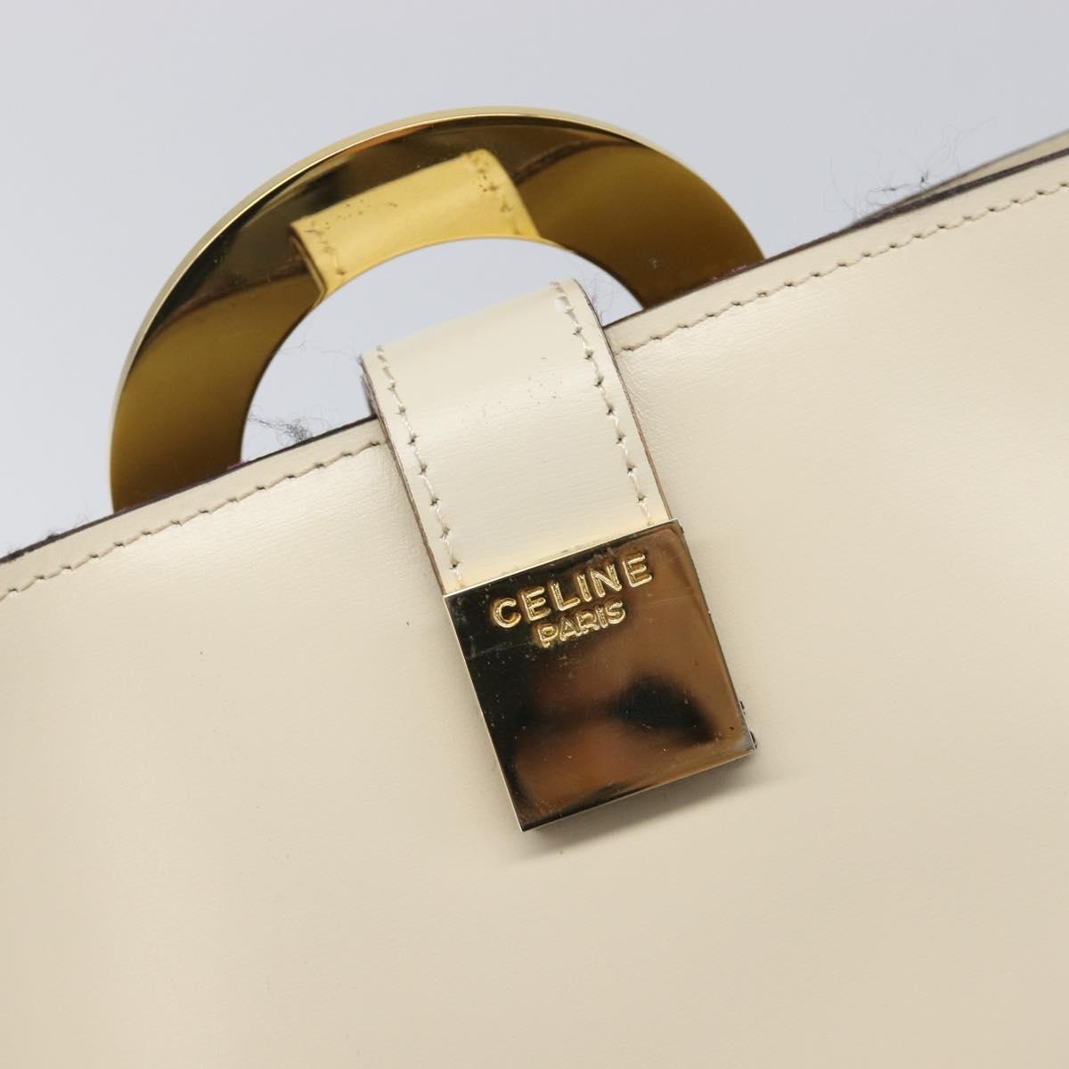 CELINE Circle Shoulder Bag Leather White Gold Auth 204441