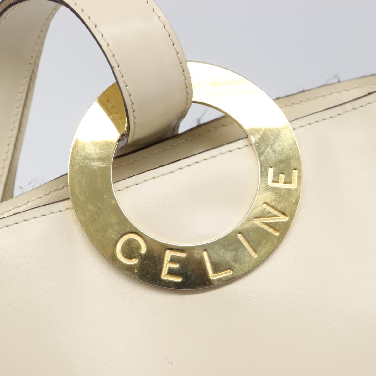 CELINE Circle Shoulder Bag Leather White Gold Auth 204441