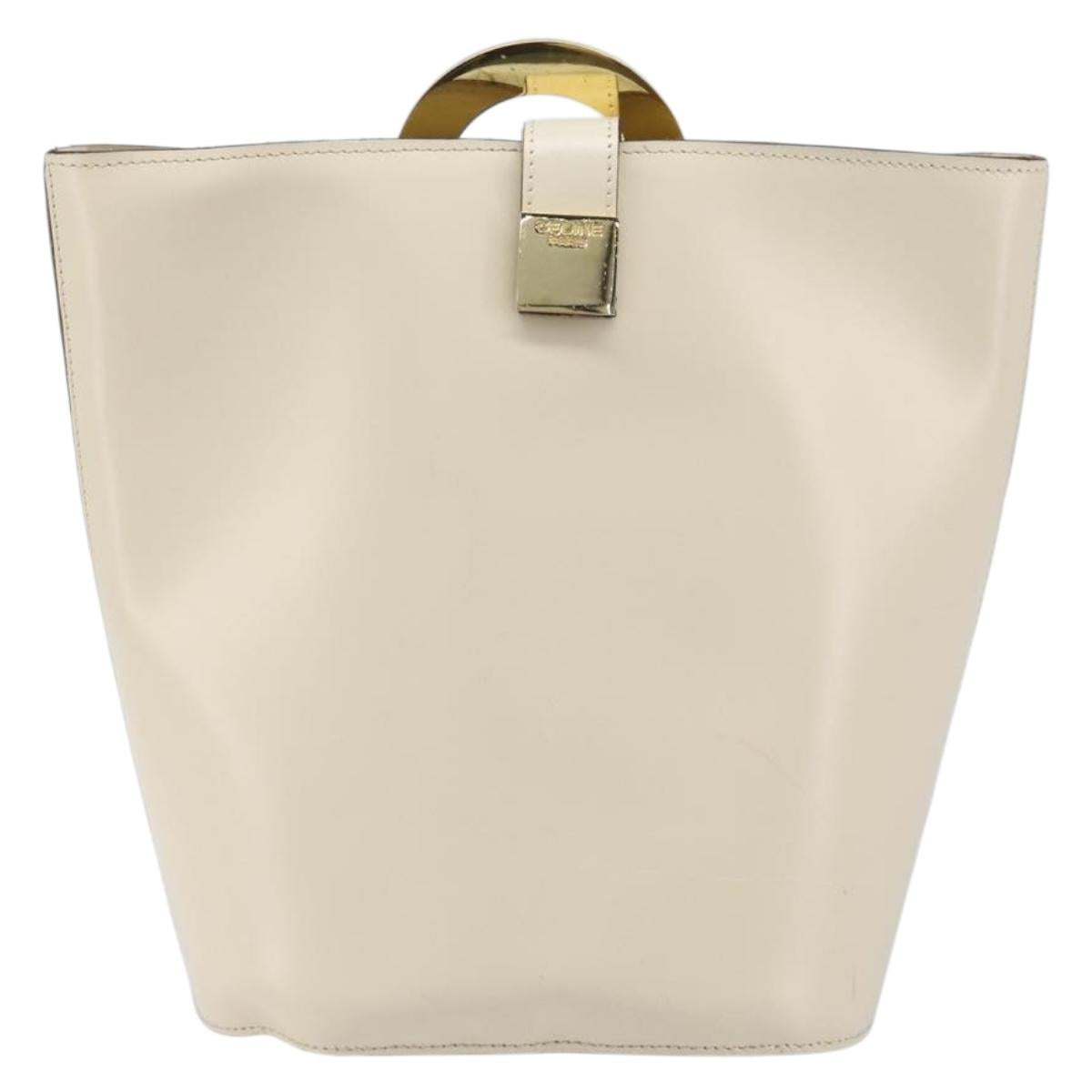 CELINE Circle Shoulder Bag Leather White Gold Auth 204441