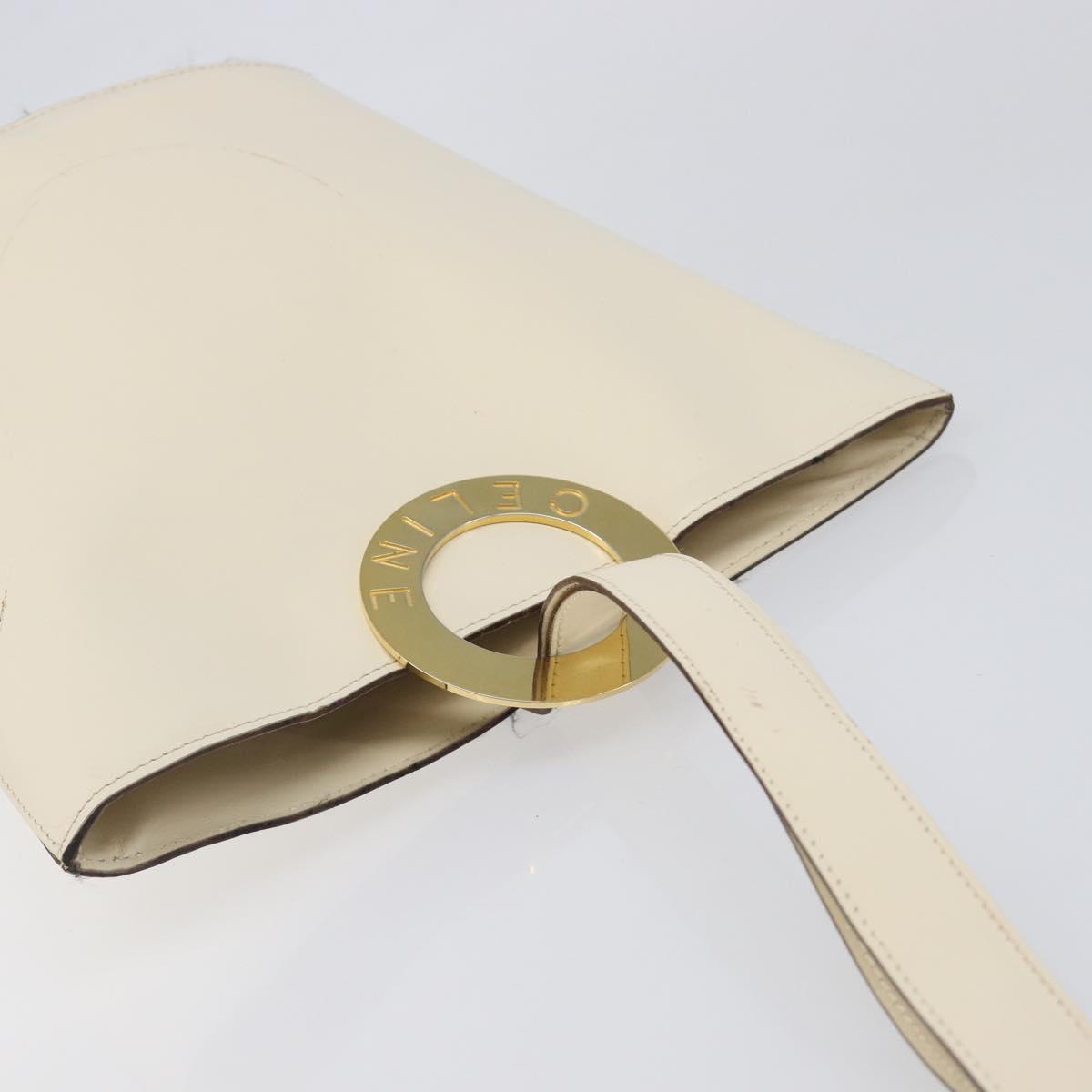 CELINE Circle Shoulder Bag Leather White Gold Auth 204441