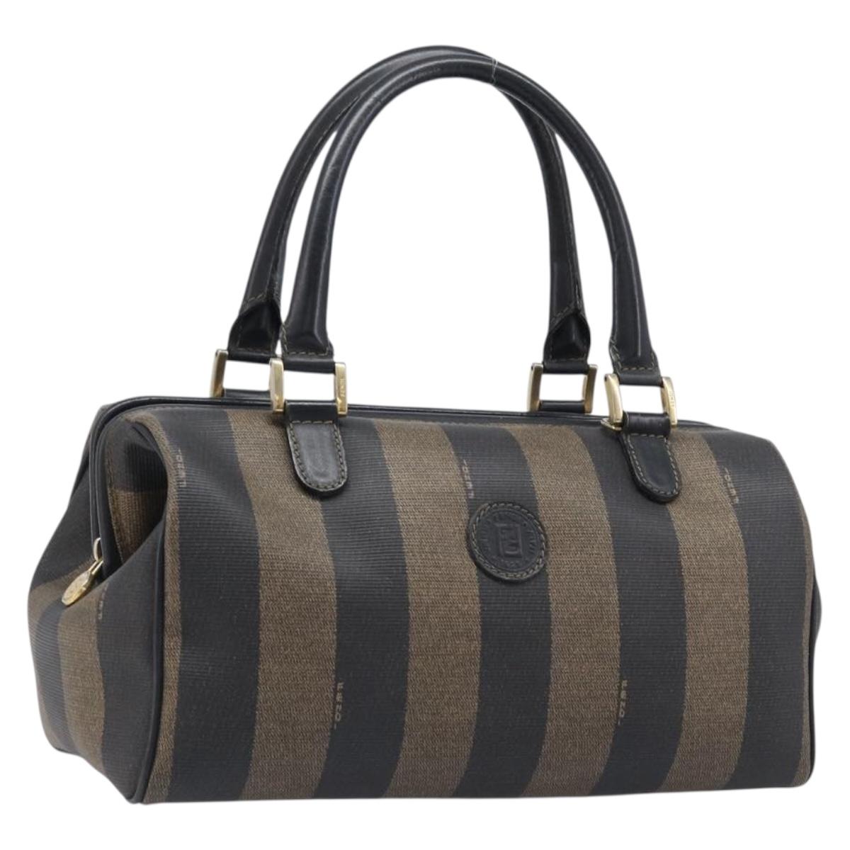 FENDI Pecan Canvas Hand Bag PVC Black Brown Auth 204451V