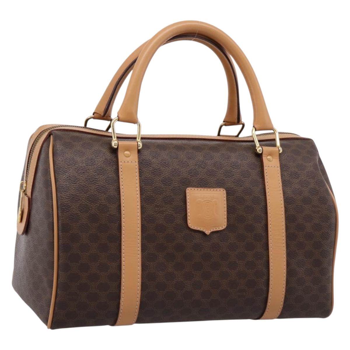 CELINE Macadam Canvas Boston Bag PVC Leather Brown Gold Auth 204457V