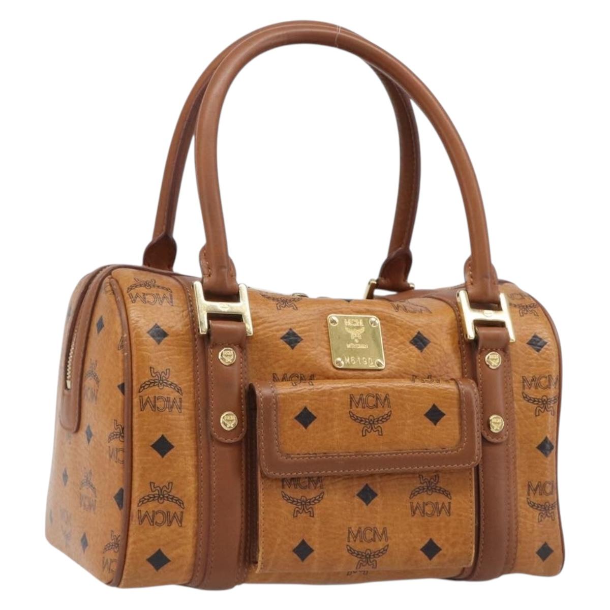 MCM Logogram Vicetos Boston Bag PVC Leather Brown Gold Auth 204458A