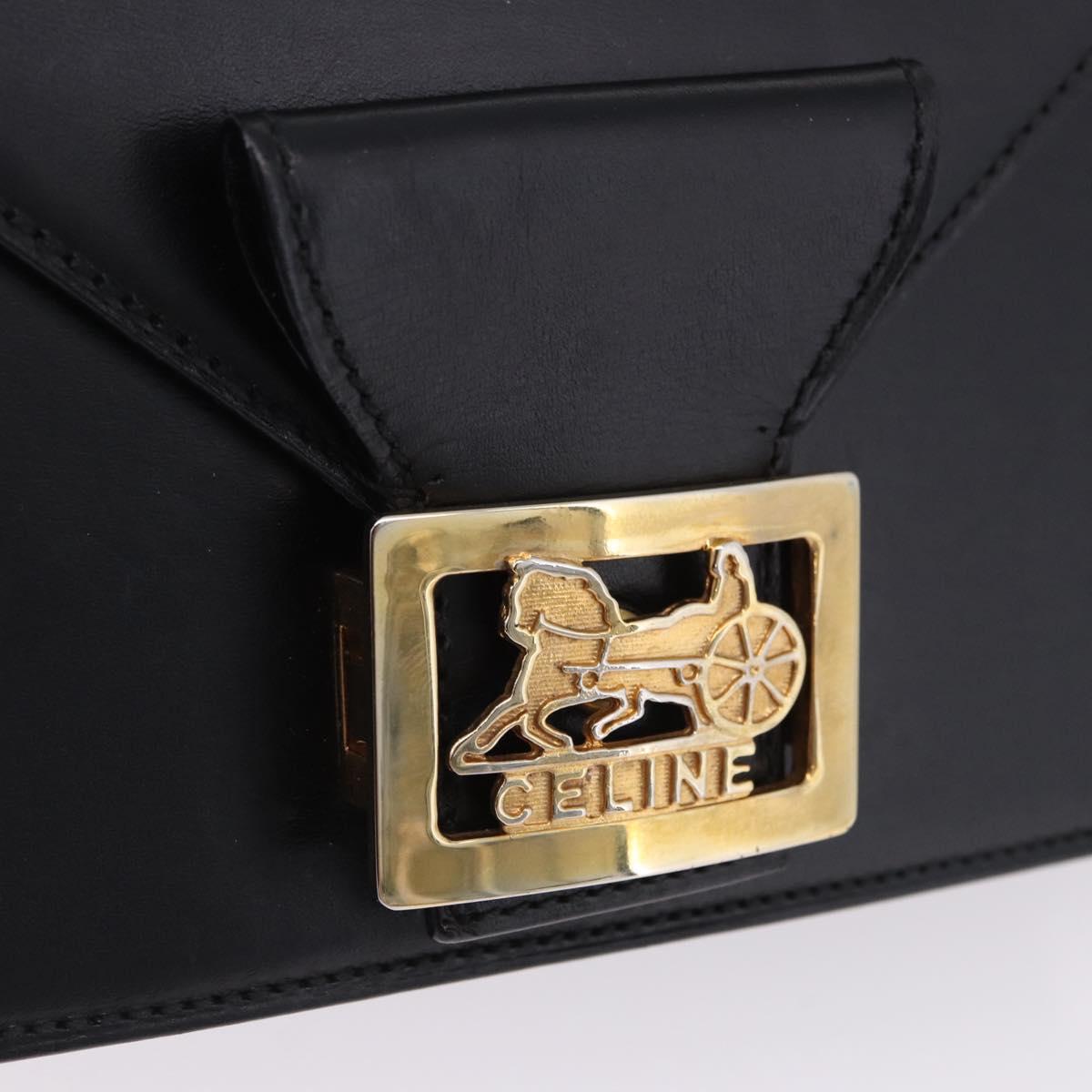 CELINE Horse Carriage Shoulder Bag Leather Black Gold Auth 204459