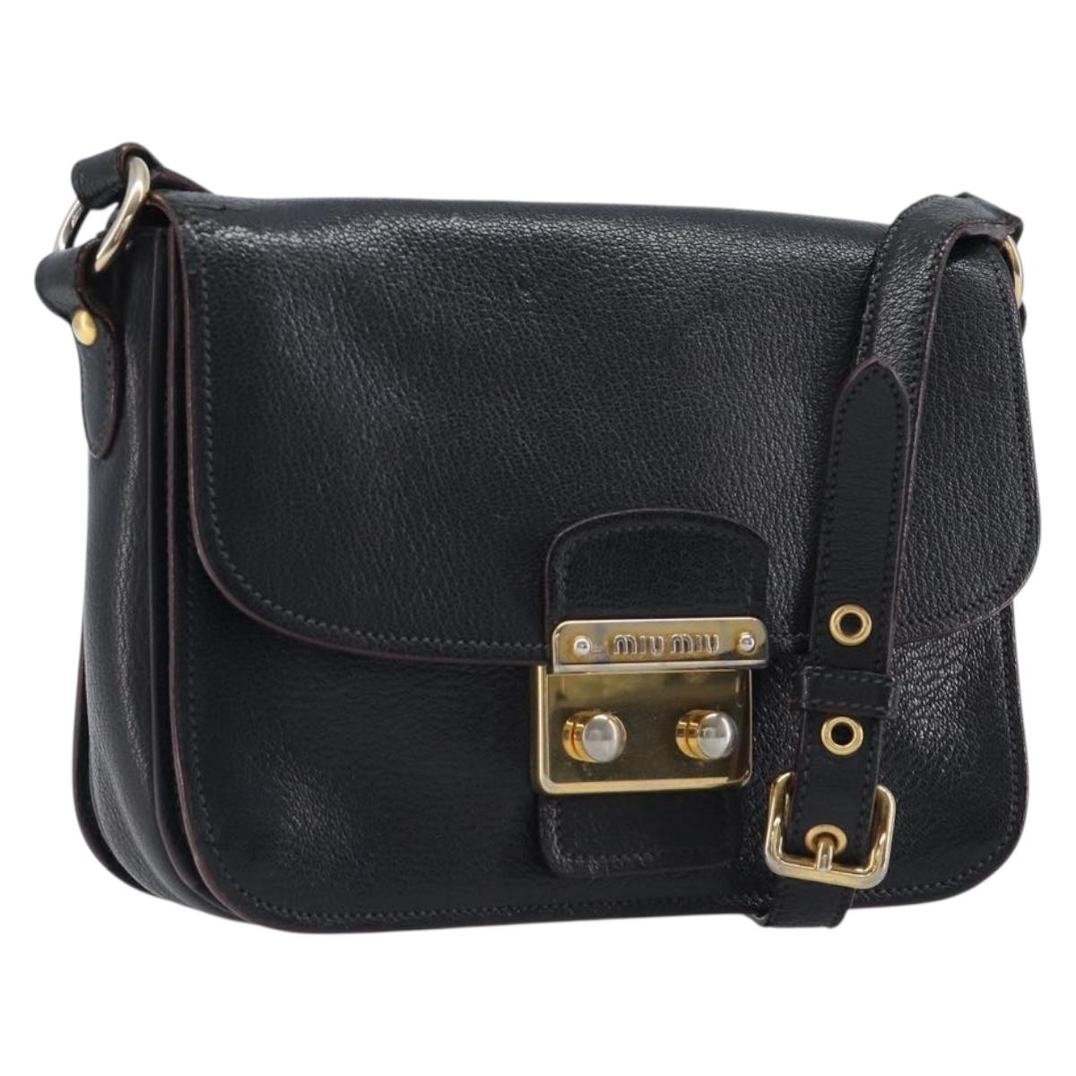 Miu Miu Madras Shoulder Bag Leather Black Gold Tone Auth 204572V