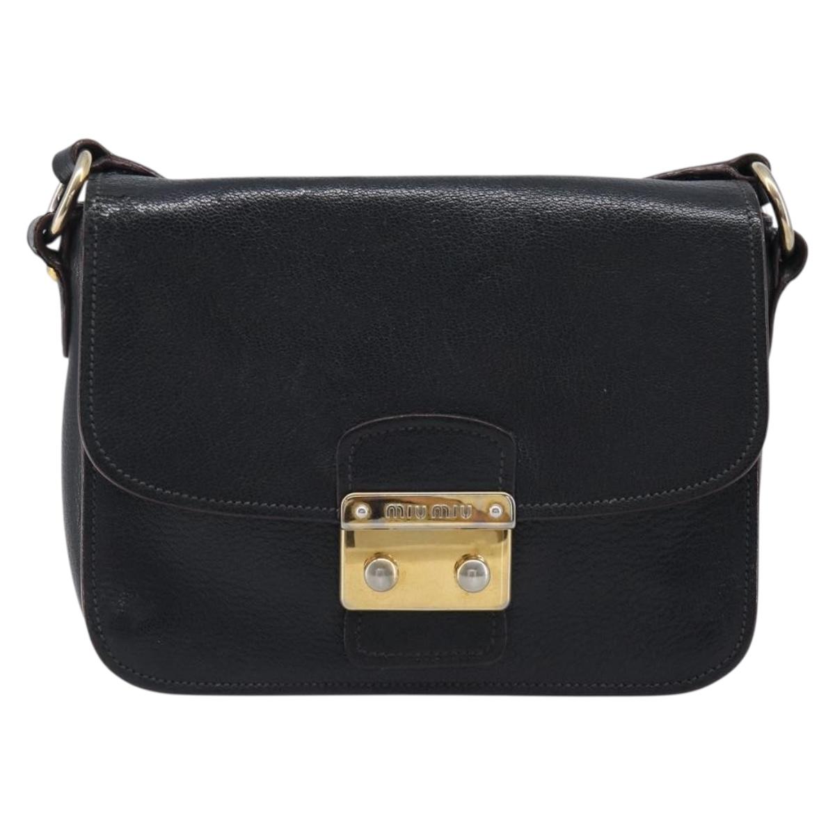 Miu Miu Madras Shoulder Bag Leather Black Gold Tone Auth 204572V