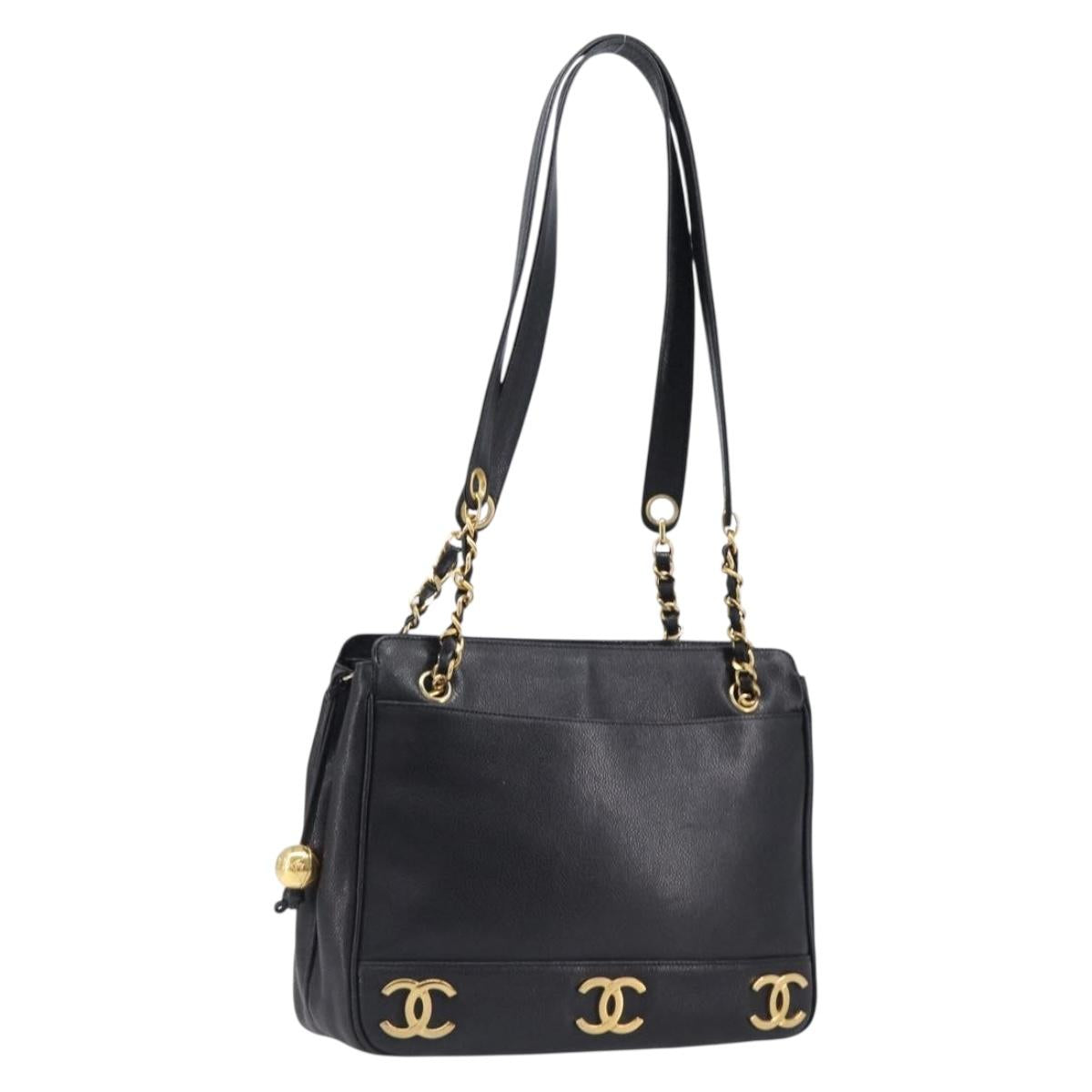 CHANEL Triple Coco Chain Shoulder Tote Bag Caviar Skin Black CC Auth 204578V