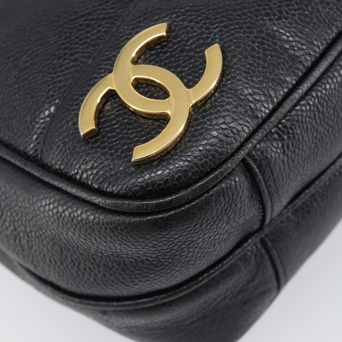 CHANEL Triple Coco Chain Shoulder Tote Bag Caviar Skin Black CC Auth 204578V