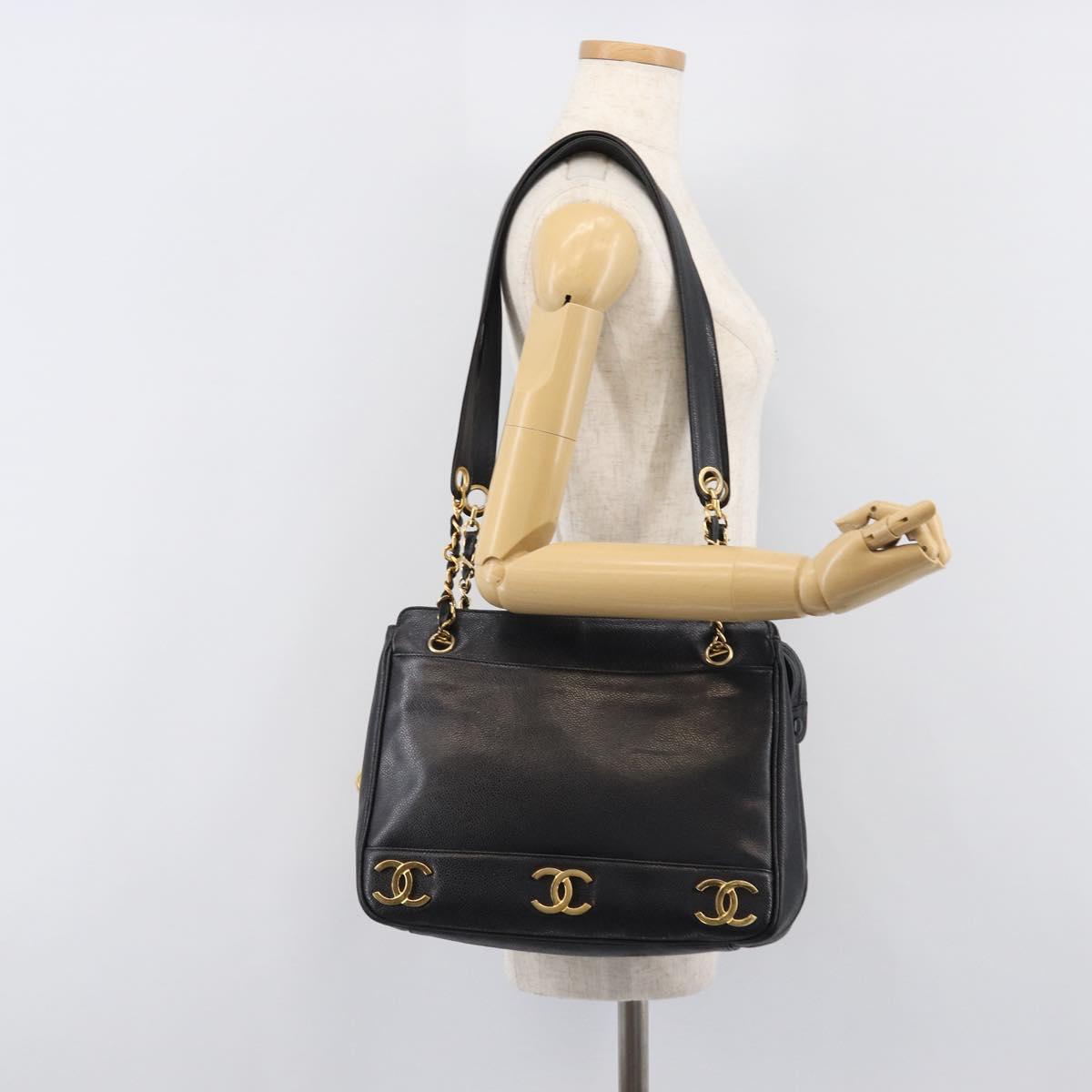 CHANEL Triple Coco Chain Shoulder Tote Bag Caviar Skin Black CC Auth 204578V