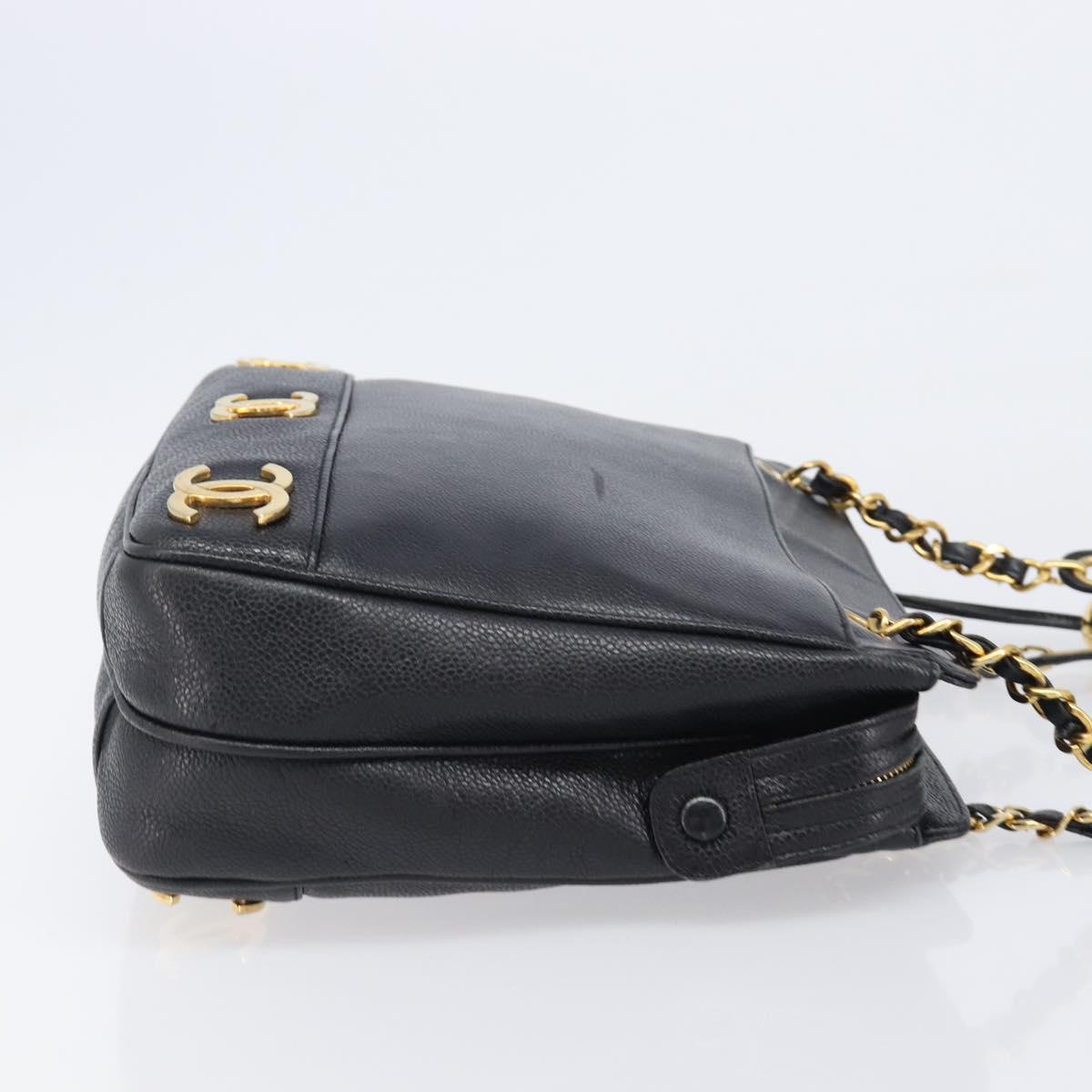 CHANEL Triple Coco Chain Shoulder Tote Bag Caviar Skin Black CC Auth 204578V