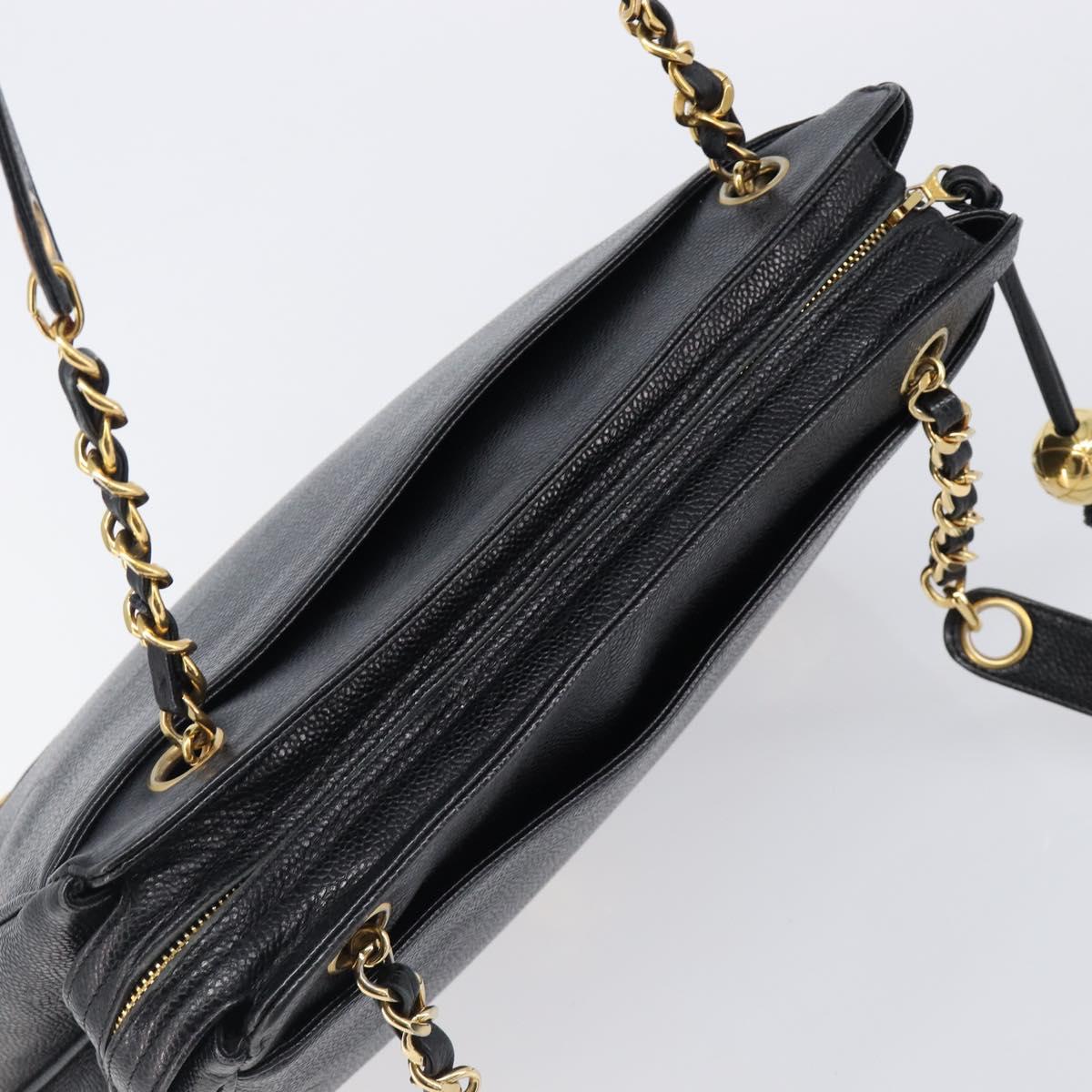 CHANEL Triple Coco Chain Shoulder Tote Bag Caviar Skin Black CC Auth 204578V