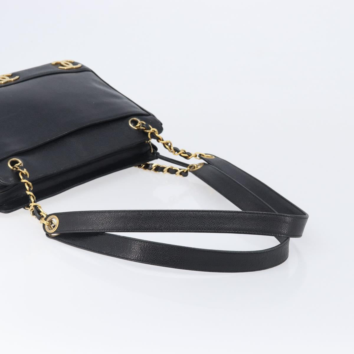 CHANEL Triple Coco Chain Shoulder Tote Bag Caviar Skin Black CC Auth 204578V
