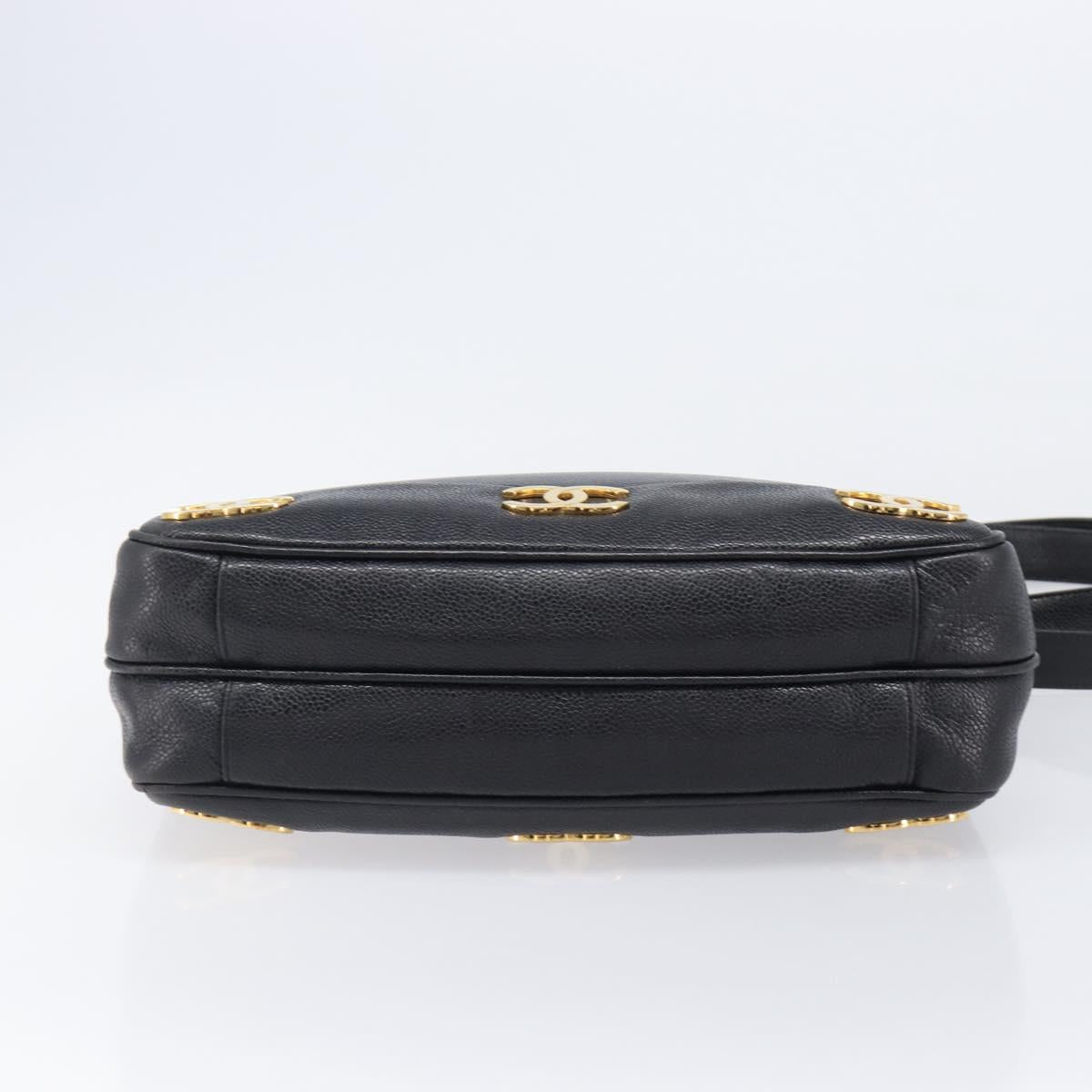 CHANEL Triple Coco Chain Shoulder Tote Bag Caviar Skin Black CC Auth 204578V