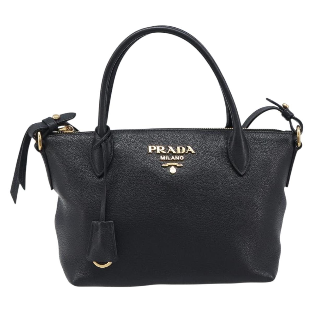 PRADA Hand Bag Leather 2way Black Gold Tone Auth 204580M