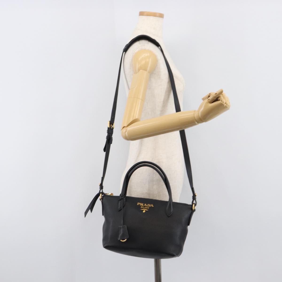 PRADA Hand Bag Leather 2way Black Gold Tone Auth 204580M