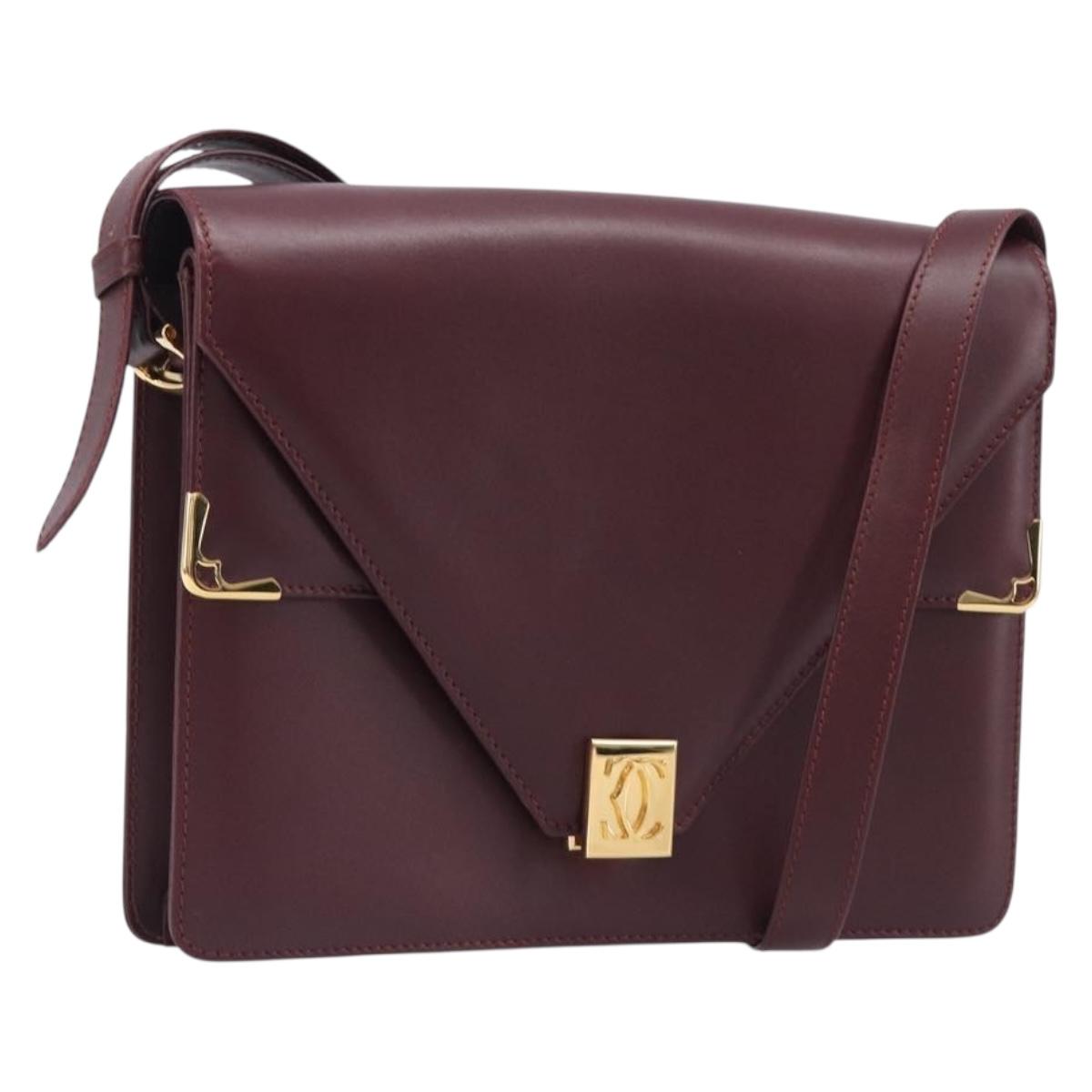 CARTIER Must Line Shoulder Bag Leather Bordeaux Gold Tone Auth 204581V