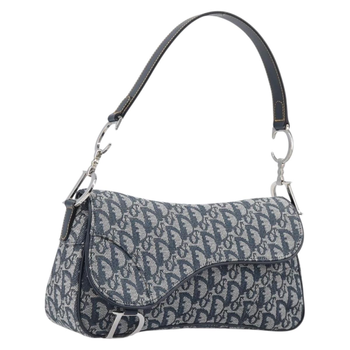 Christian Dior Trotter Canvas Saddle Shoulder Bag Navy Silver Auth 204592V
