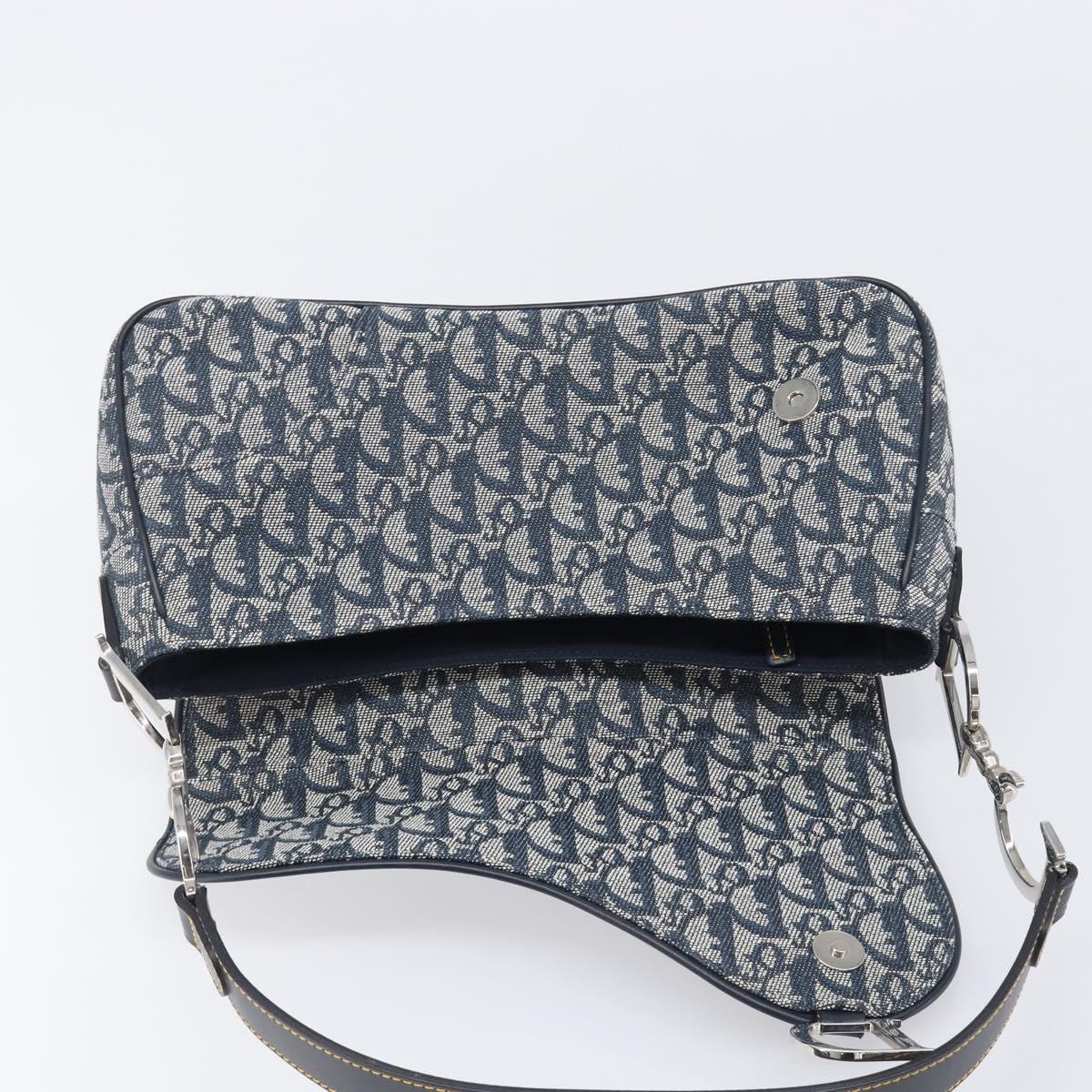 Christian Dior Trotter Canvas Saddle Shoulder Bag Navy Silver Auth 204592V