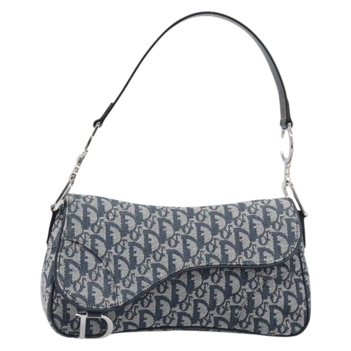 Christian Dior Trotter Canvas Saddle Shoulder Bag Navy Silver Auth 204592V