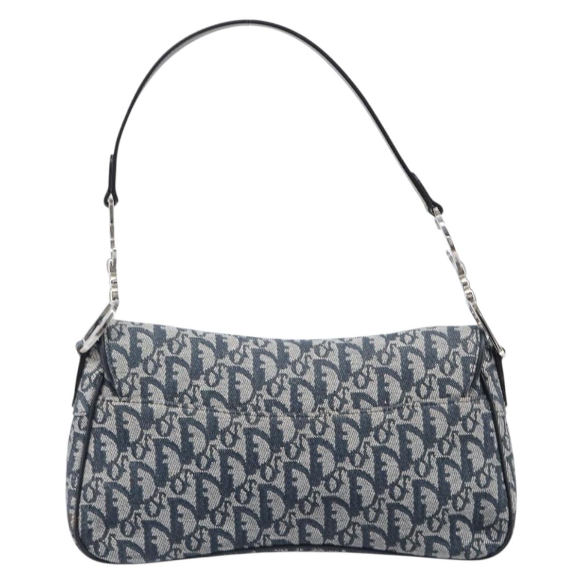 Christian Dior Trotter Canvas Saddle Shoulder Bag Navy Silver Auth 204592V