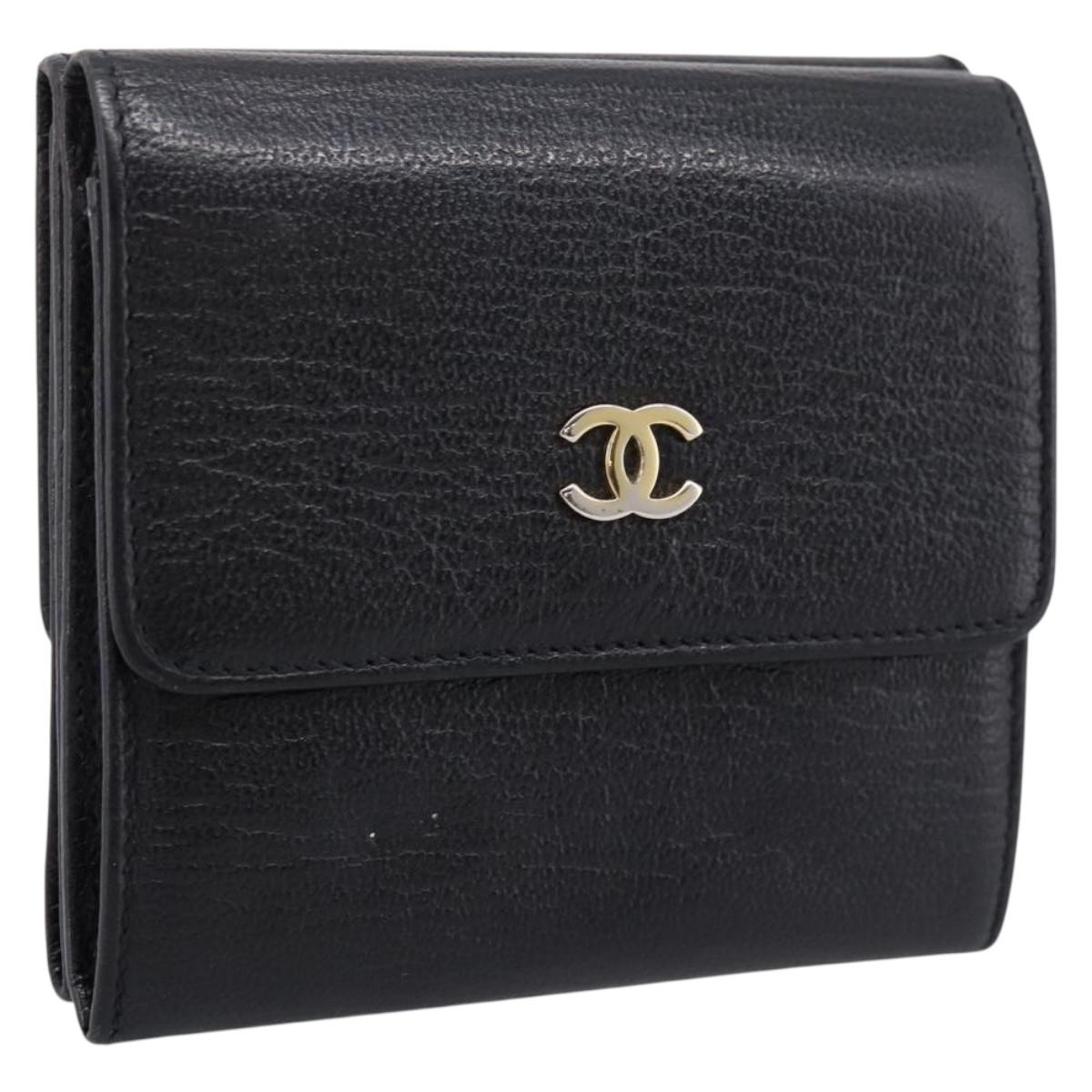 CHANEL Compact Wallet Leather Black Gold CC Auth 204596V