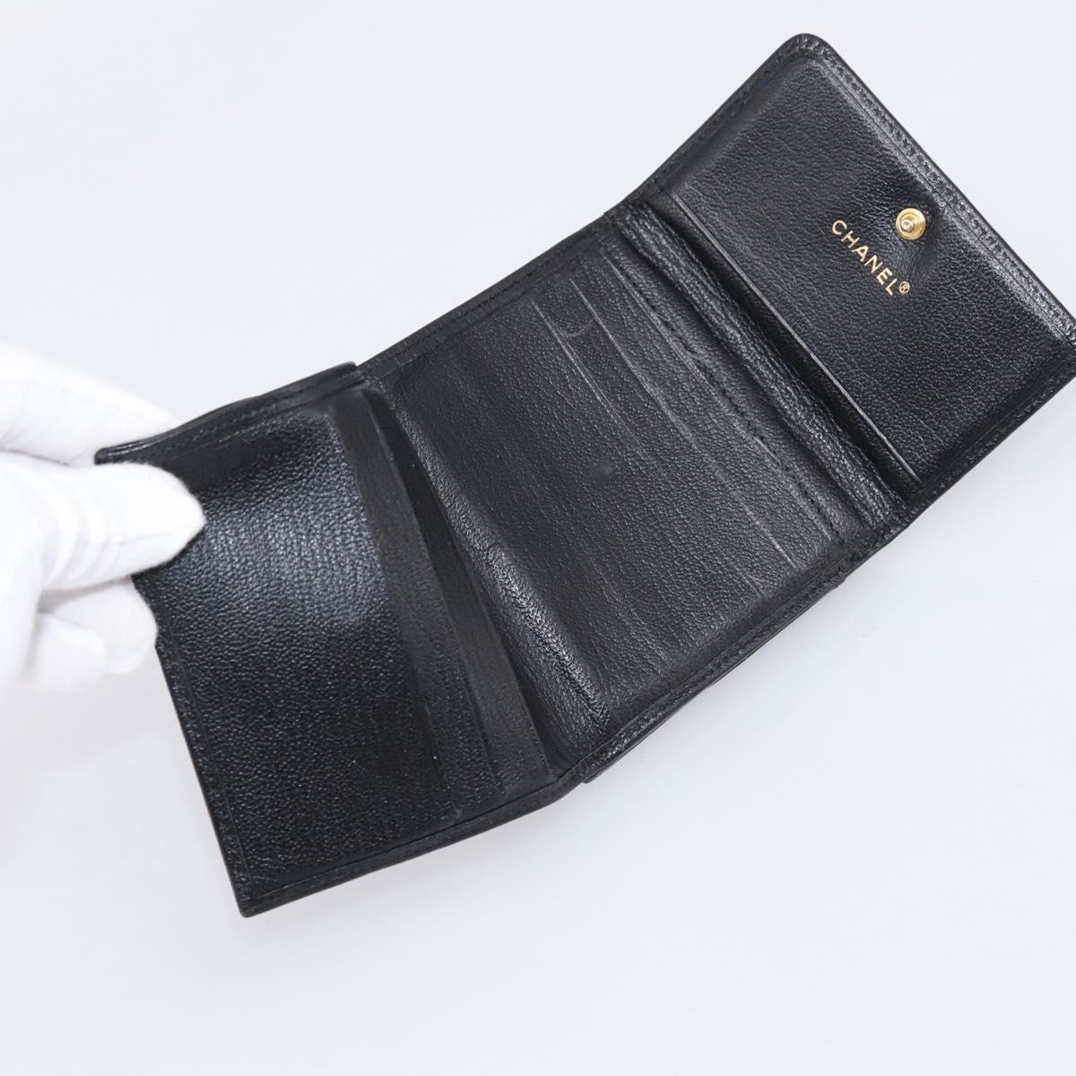 CHANEL Compact Wallet Leather Black Gold CC Auth 204596V