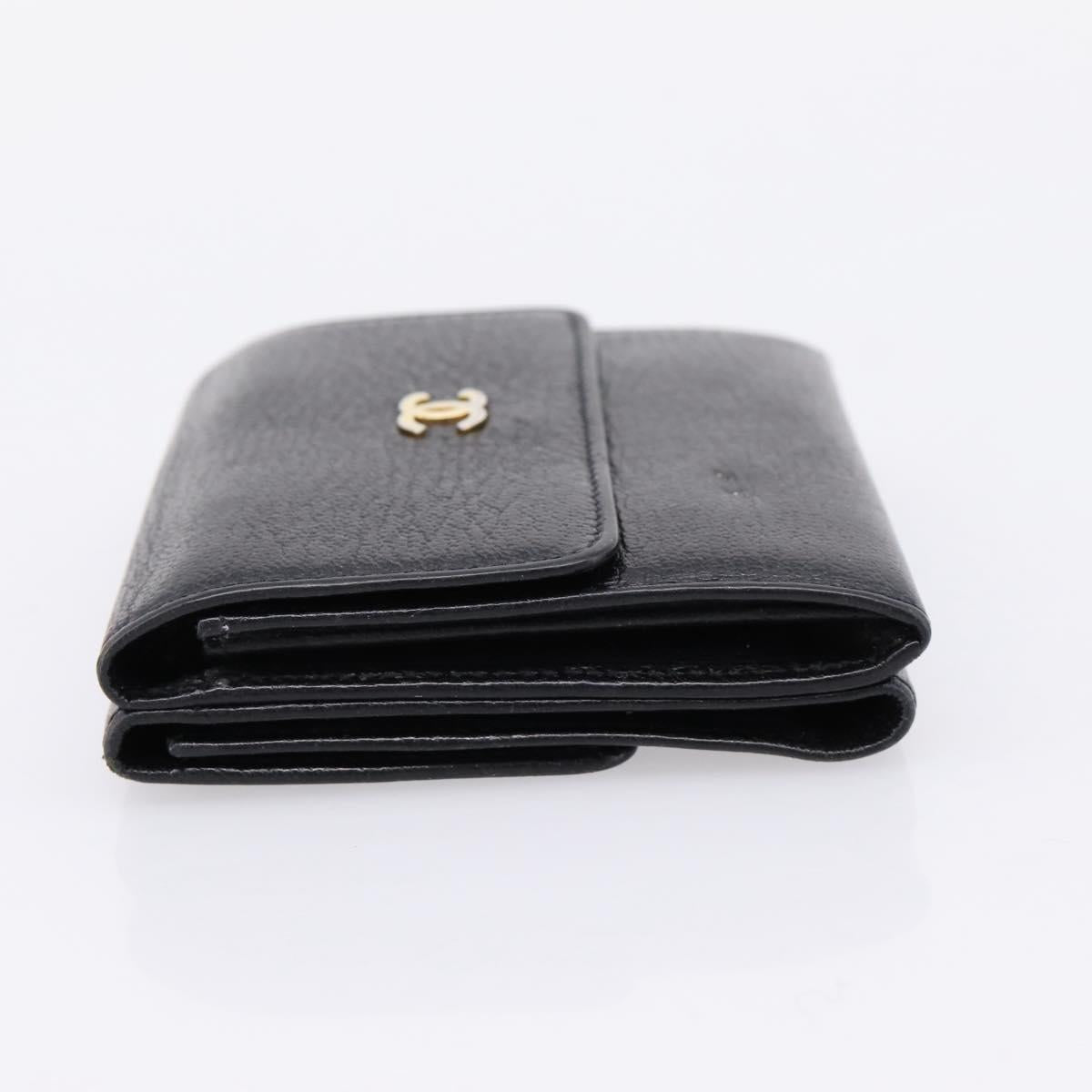 CHANEL Compact Wallet Leather Black Gold CC Auth 204596V