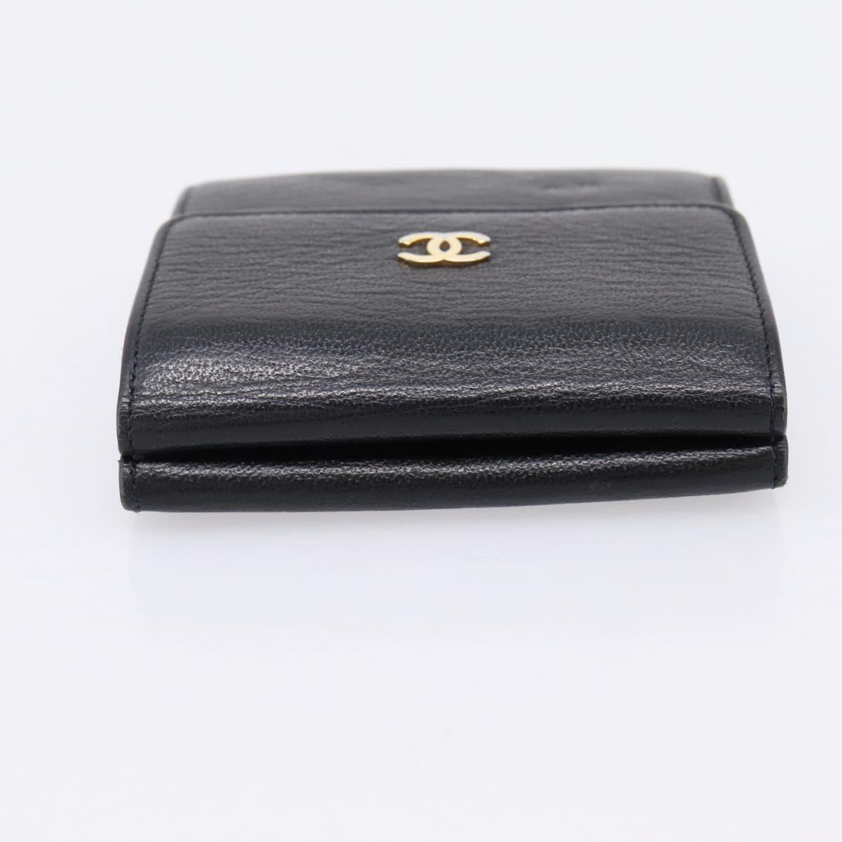 CHANEL Compact Wallet Leather Black Gold CC Auth 204596V