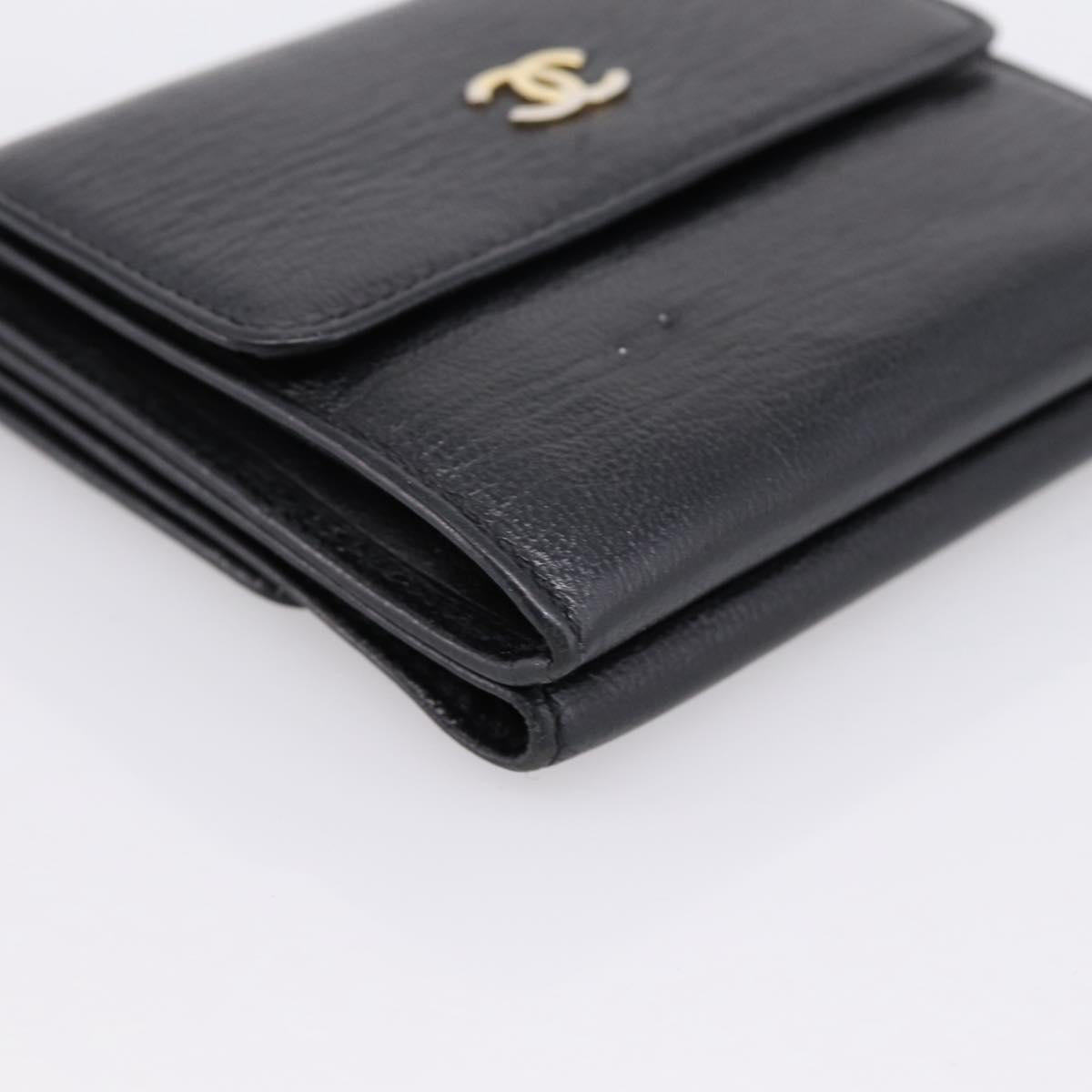 CHANEL Compact Wallet Leather Black Gold CC Auth 204596V