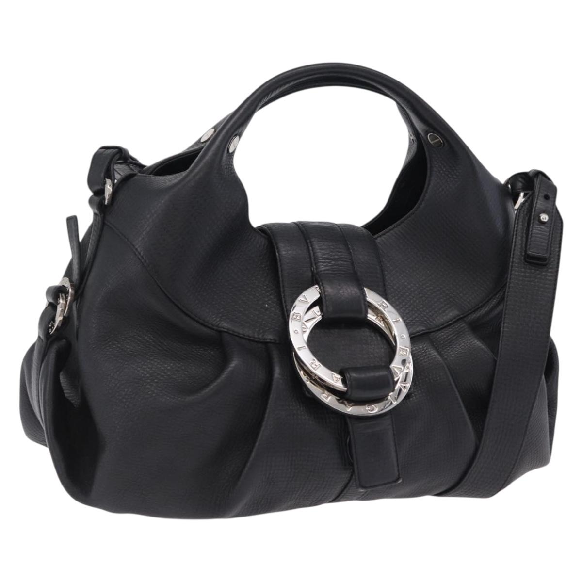BVLGARI Chandra Hand Bag Leather 2way Black Silver Auth 204605V