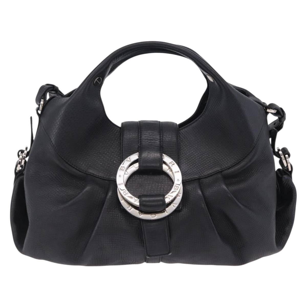 BVLGARI Chandra Hand Bag Leather 2way Black Silver Auth 204605V