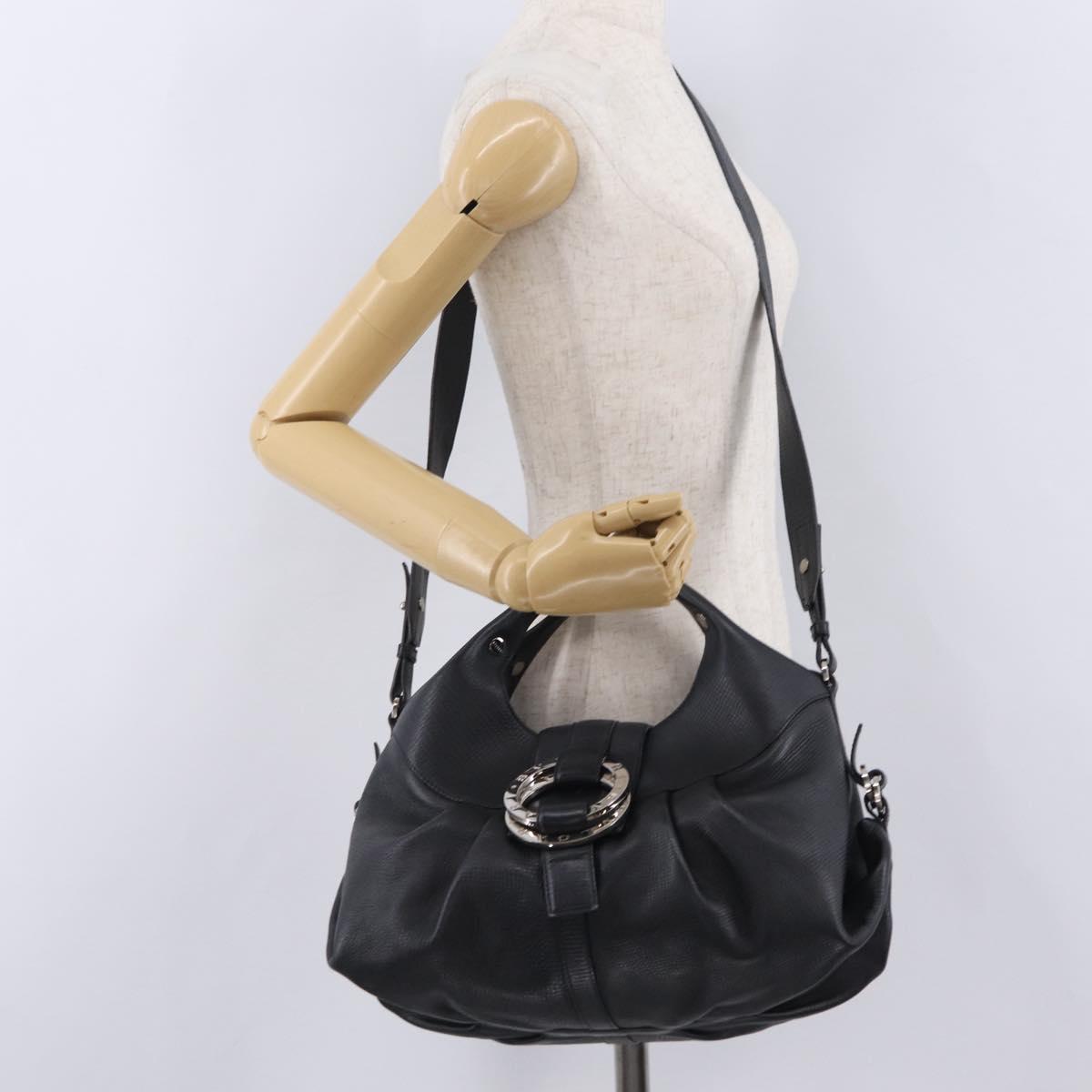 BVLGARI Chandra Hand Bag Leather 2way Black Silver Auth 204605V