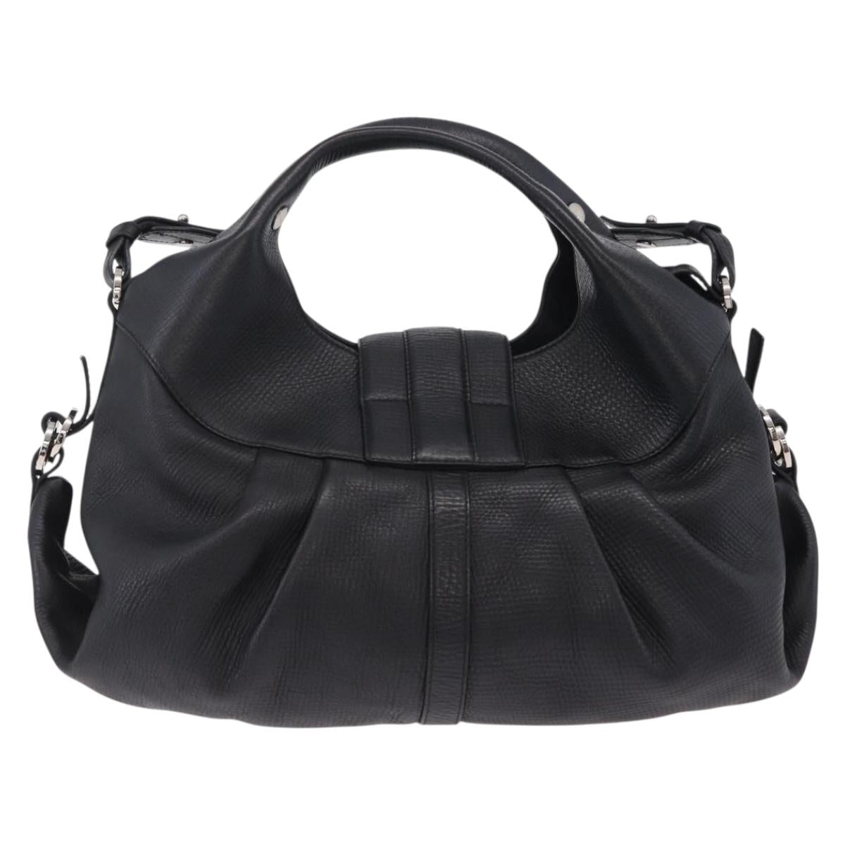 BVLGARI Chandra Hand Bag Leather 2way Black Silver Auth 204605V