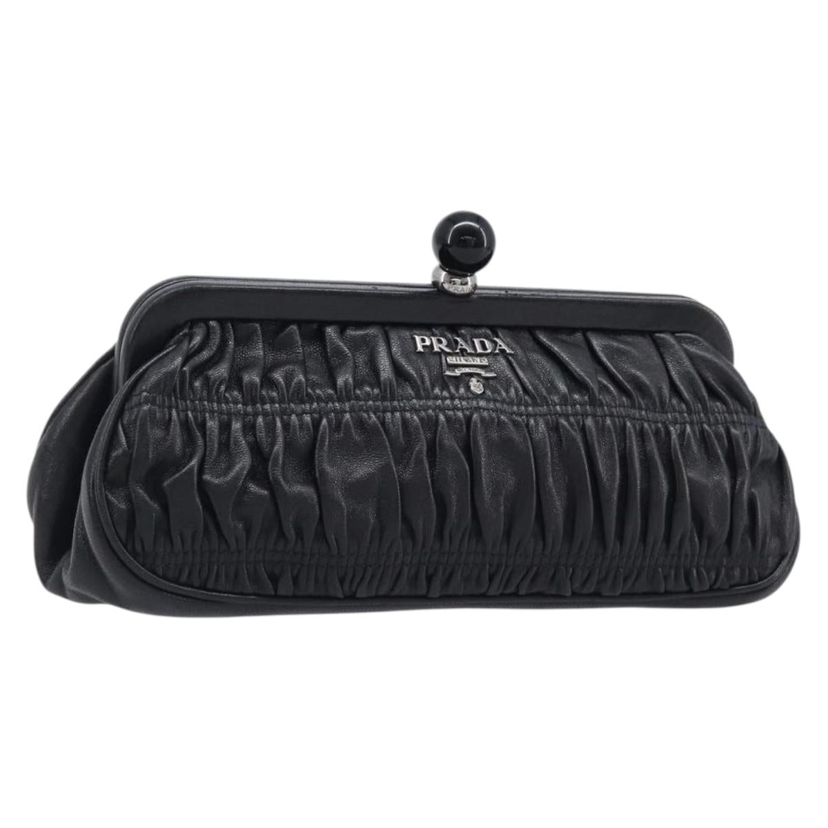 PRADA Gathered Cosmetic Pouch Leather Black Silver Auth 204606V