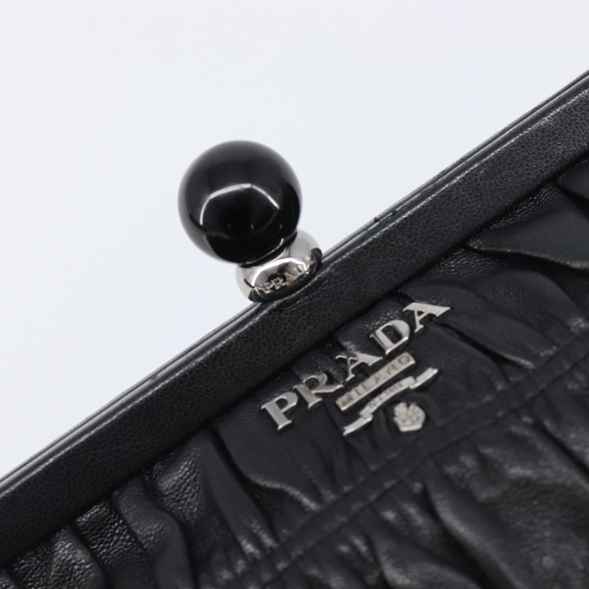 PRADA Gathered Cosmetic Pouch Leather Black Silver Auth 204606V