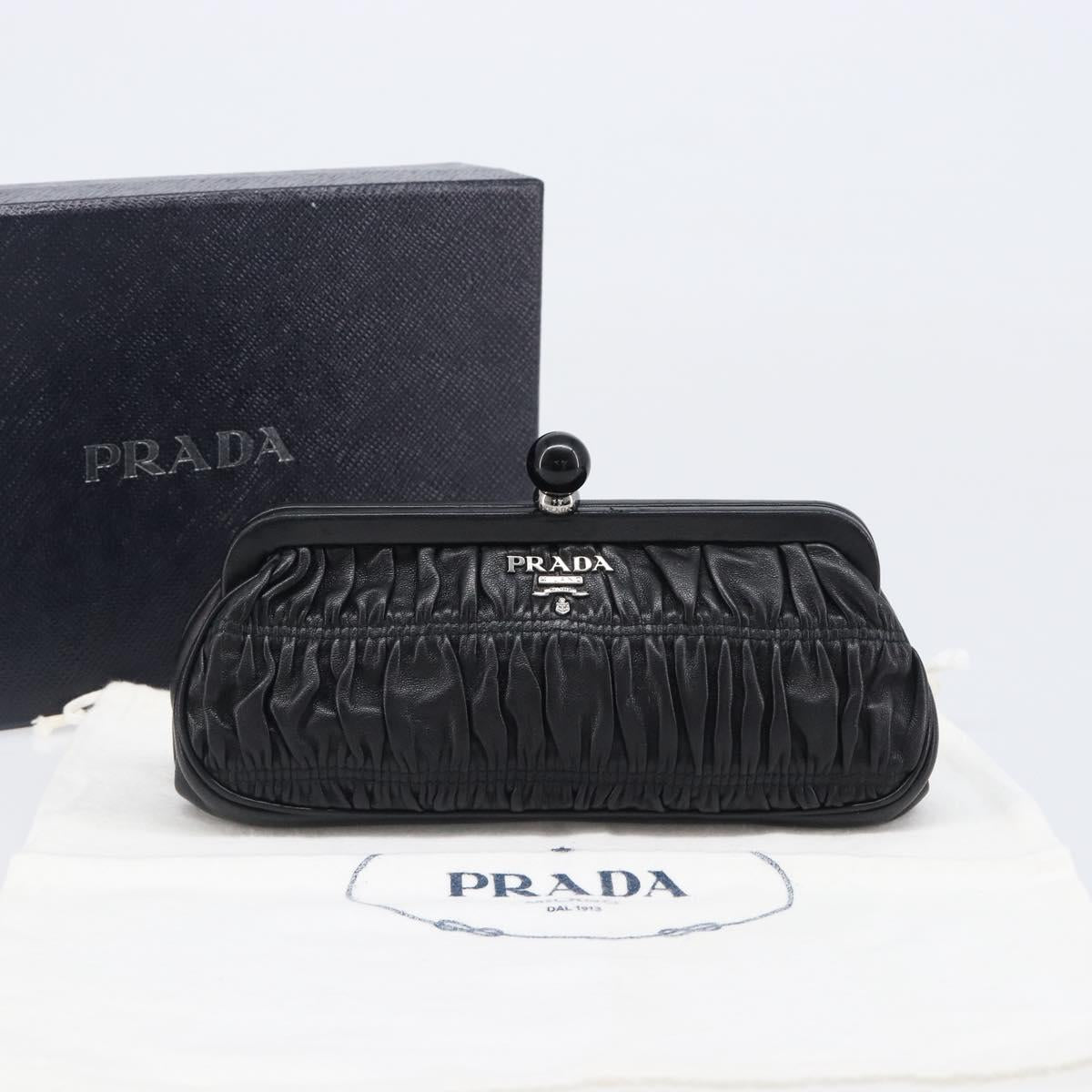 PRADA Gathered Cosmetic Pouch Leather Black Silver Auth 204606V