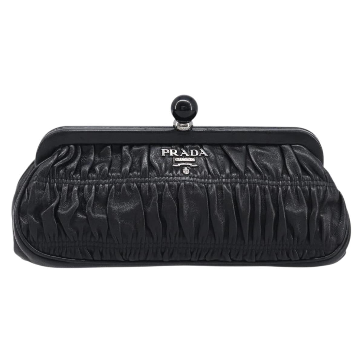 PRADA Gathered Cosmetic Pouch Leather Black Silver Auth 204606V