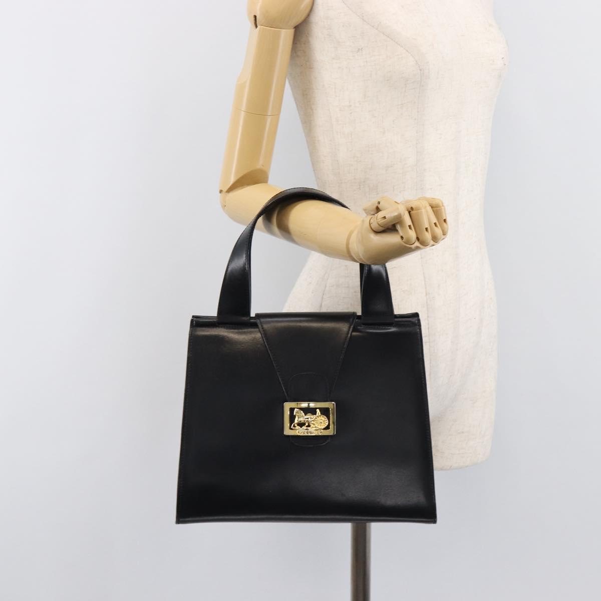 CELINE Horse Carriage Hand Bag Leather Black Gold Tone Auth 204622V