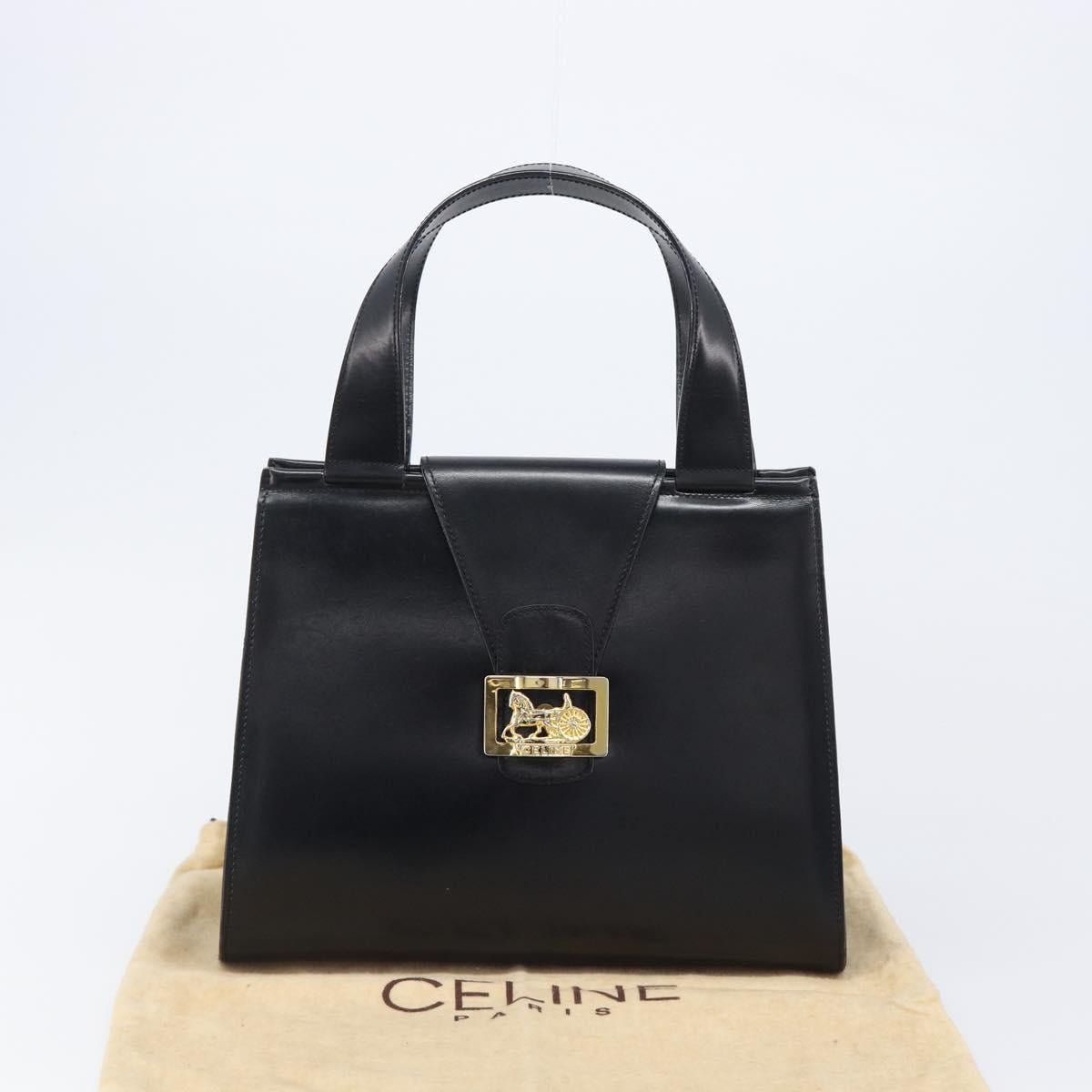 CELINE Horse Carriage Hand Bag Leather Black Gold Tone Auth 204622V