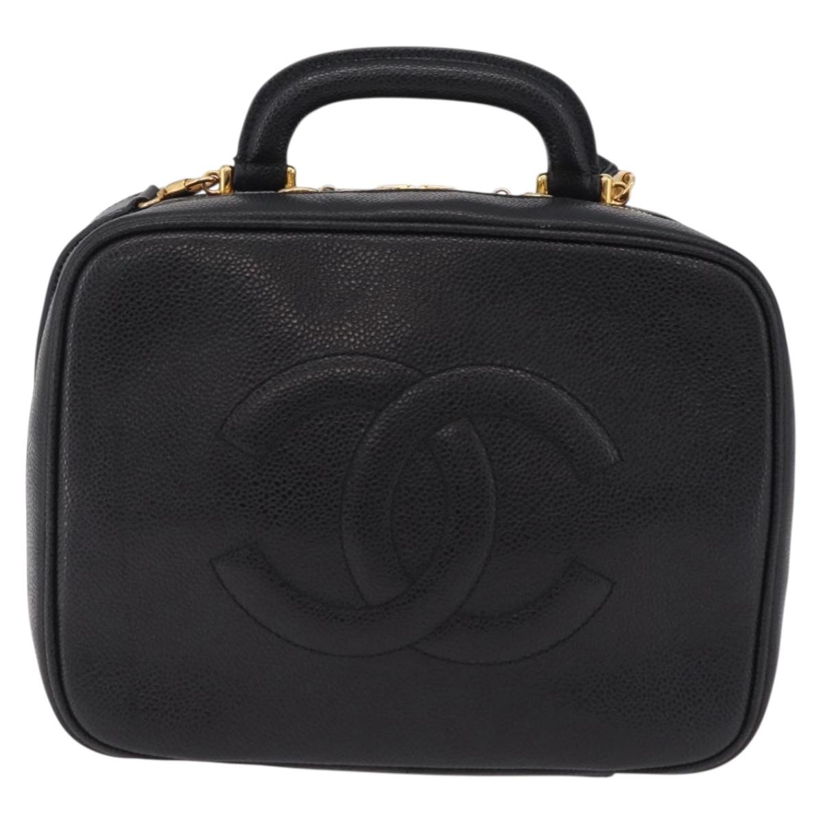 CHANEL Vanity Shoulder Bag Caviar Skin 2way Black Gold Tone CC Auth 204624V