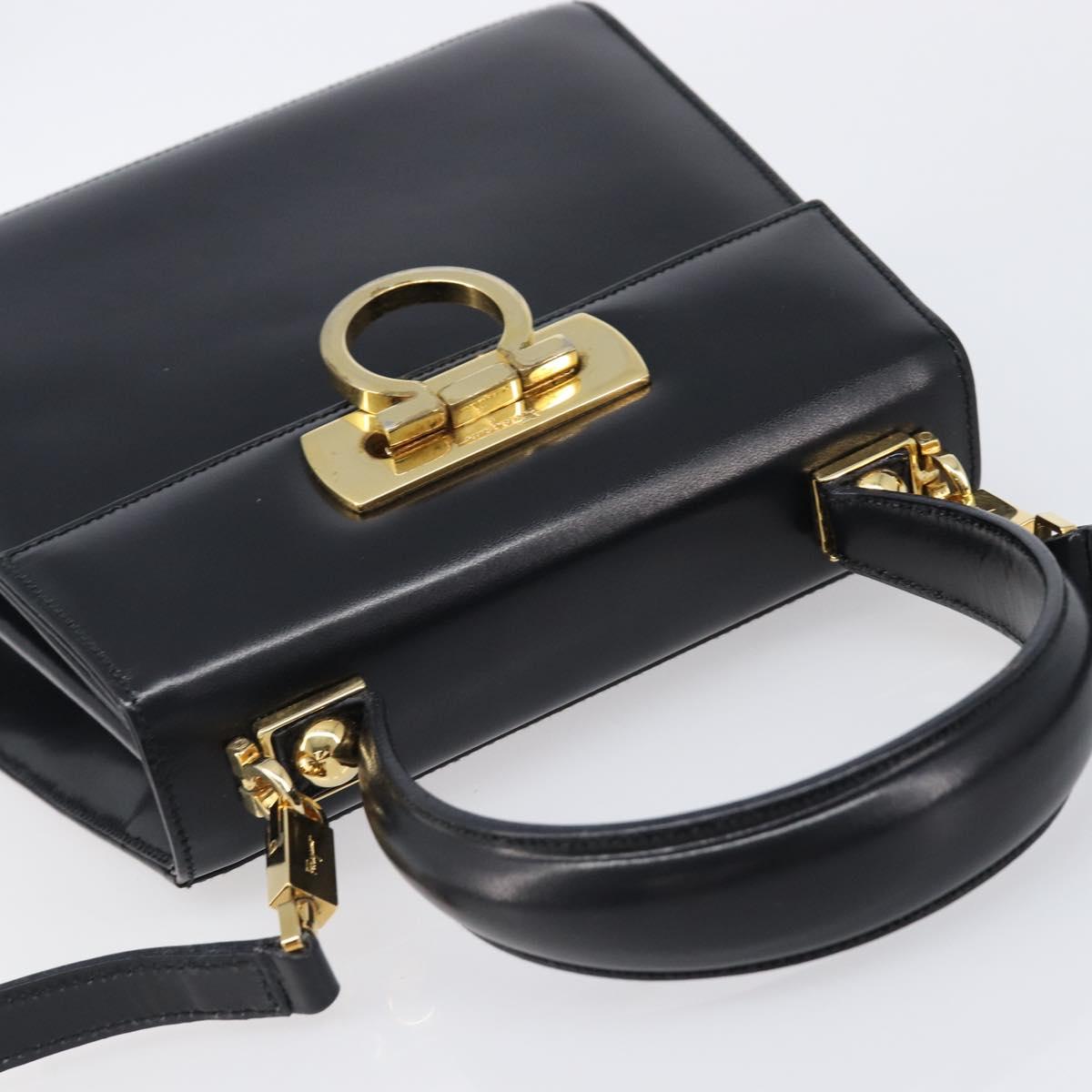 Salvatore Ferragamo Gancini Hand Bag Leather 2way Black Gold Tone Auth 204629V