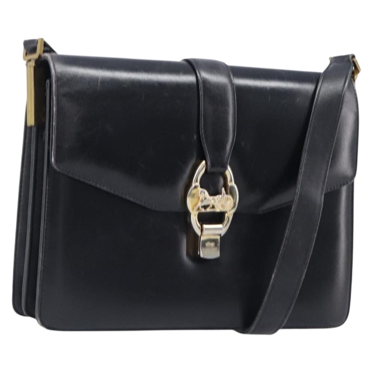 CELINE Horse Carriage Shoulder Bag Leather Black Gold Tone Auth 204631