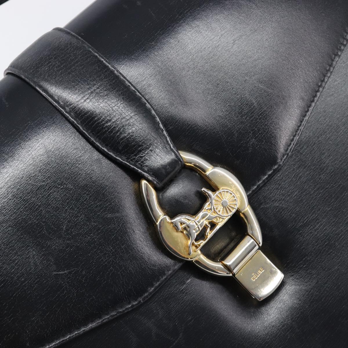 CELINE Horse Carriage Shoulder Bag Leather Black Gold Tone Auth 204631