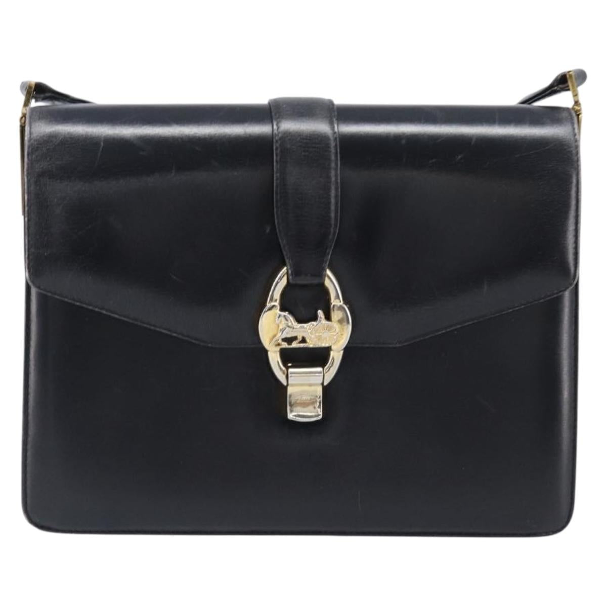 CELINE Horse Carriage Shoulder Bag Leather Black Gold Tone Auth 204631