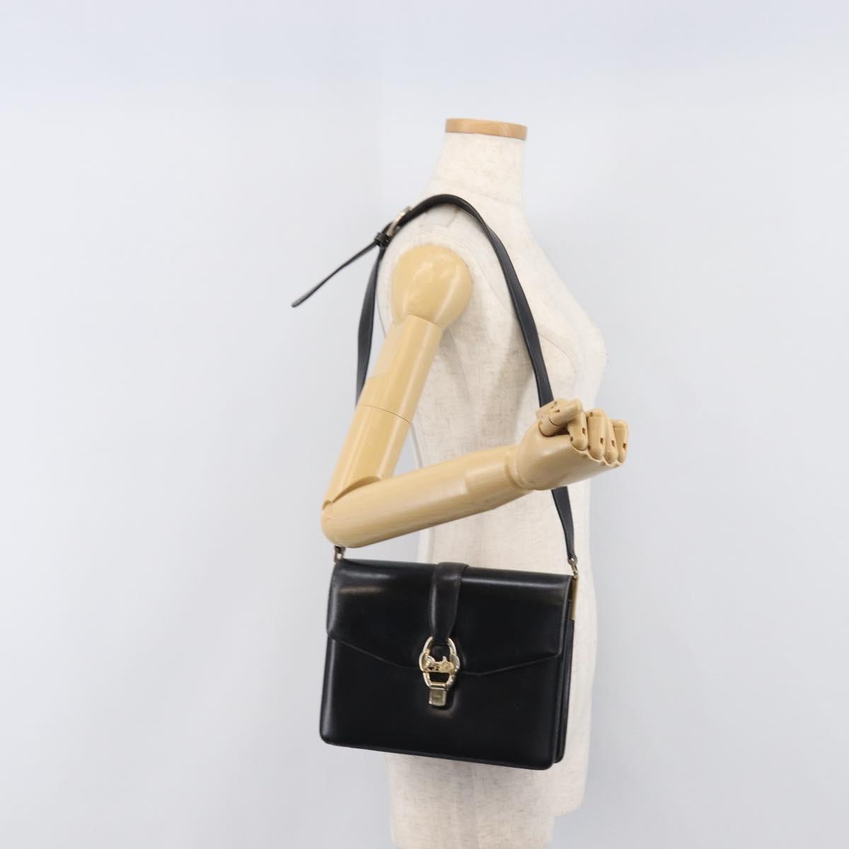 CELINE Horse Carriage Shoulder Bag Leather Black Gold Tone Auth 204631